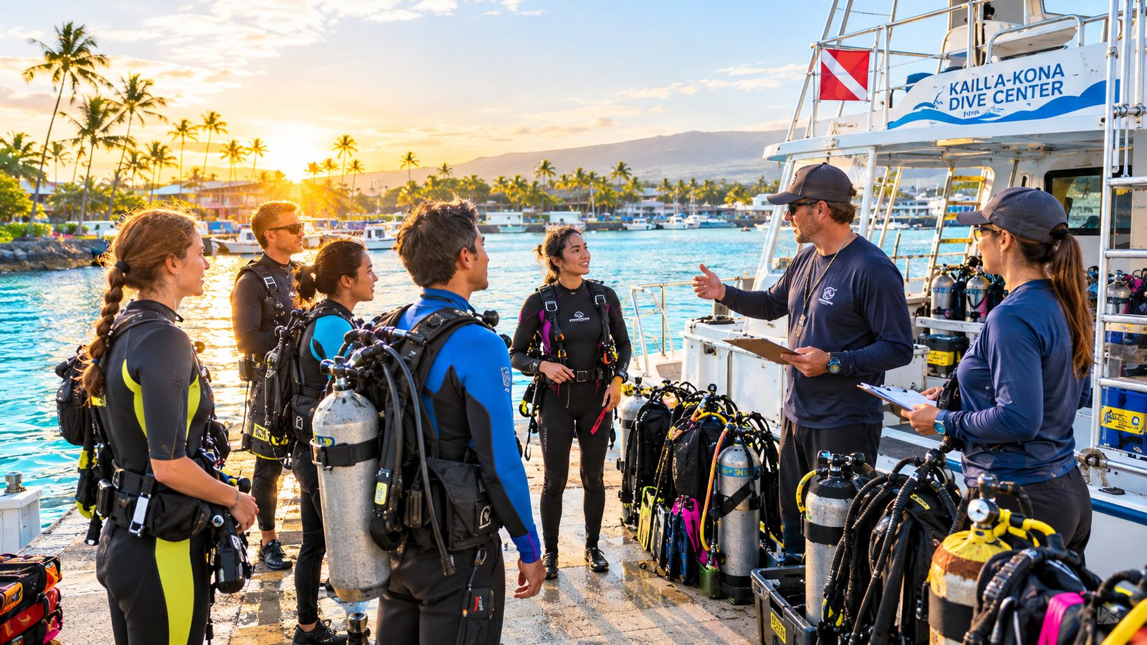 A scuba diving instructor talks to a group of divers on a pier in Kailua-Kona, Hawaii.