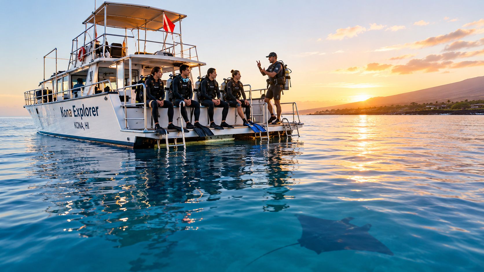 Scuba divers sit on a boat deck in Kona at sunset as a manta ray swims below.