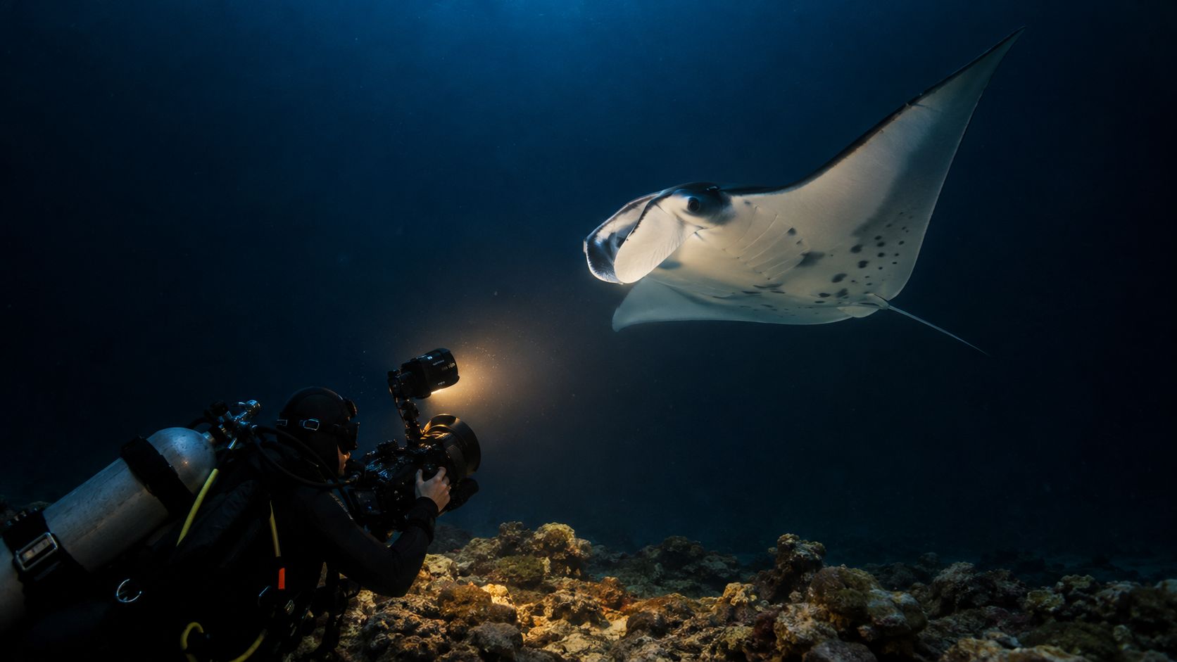 A scuba diver filming a graceful manta ray gliding through dark ocean waters over a coral reef.