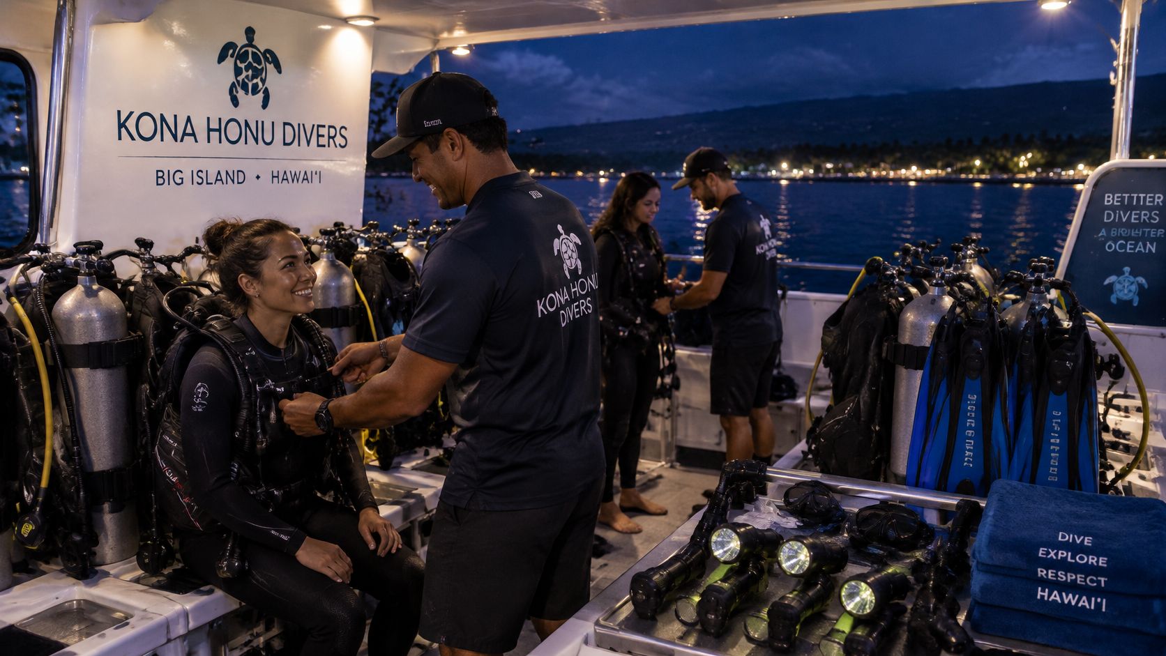 A dive instructor helping a female diver put on her gear on a Kona Honu Divers boat.