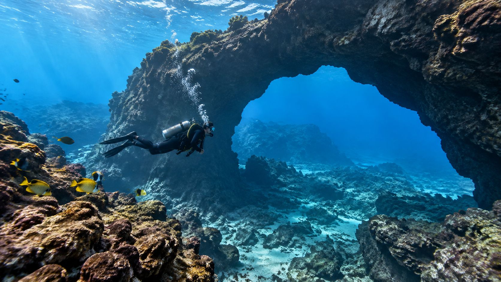 A scuba diver explores a stunning underwater rock archway in the clear blue waters of Hawaii.