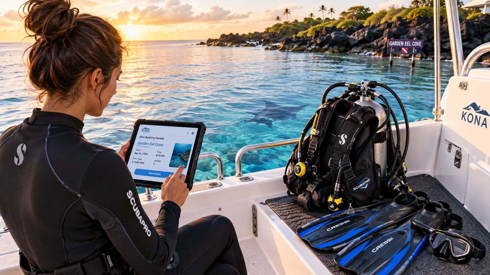 A female diver on a boat reviews her dive booking for Garden Eel Cove on a tablet.