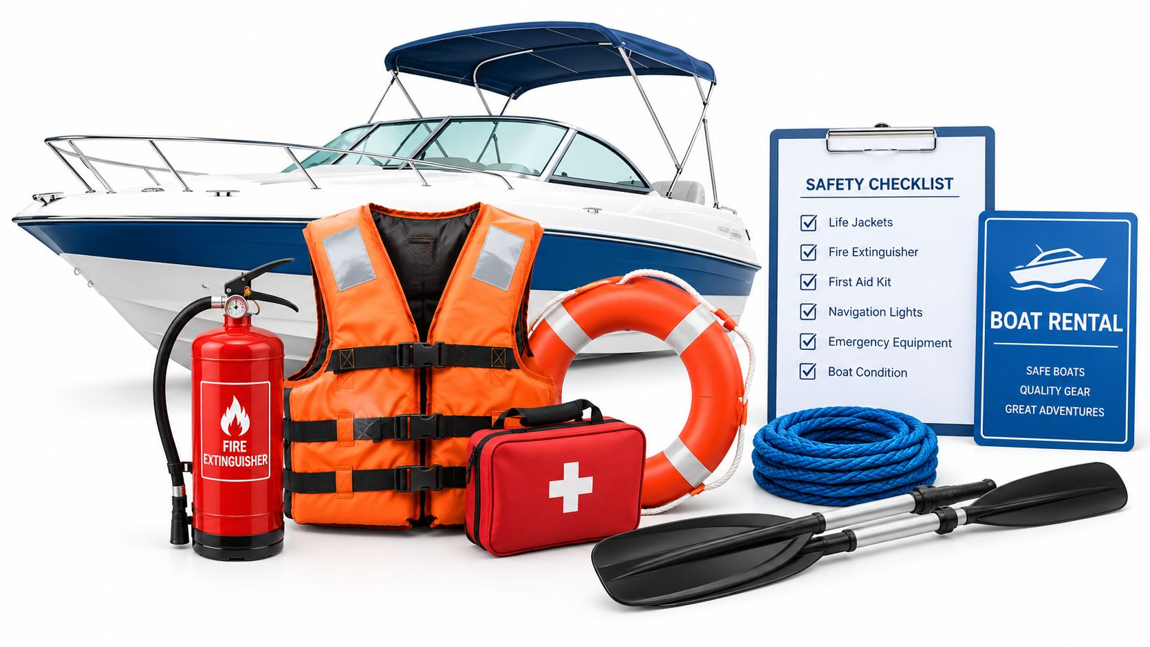 A boat, orange life jacket, fire extinguisher, first aid kit, life ring, and safety equipment for rentals.
