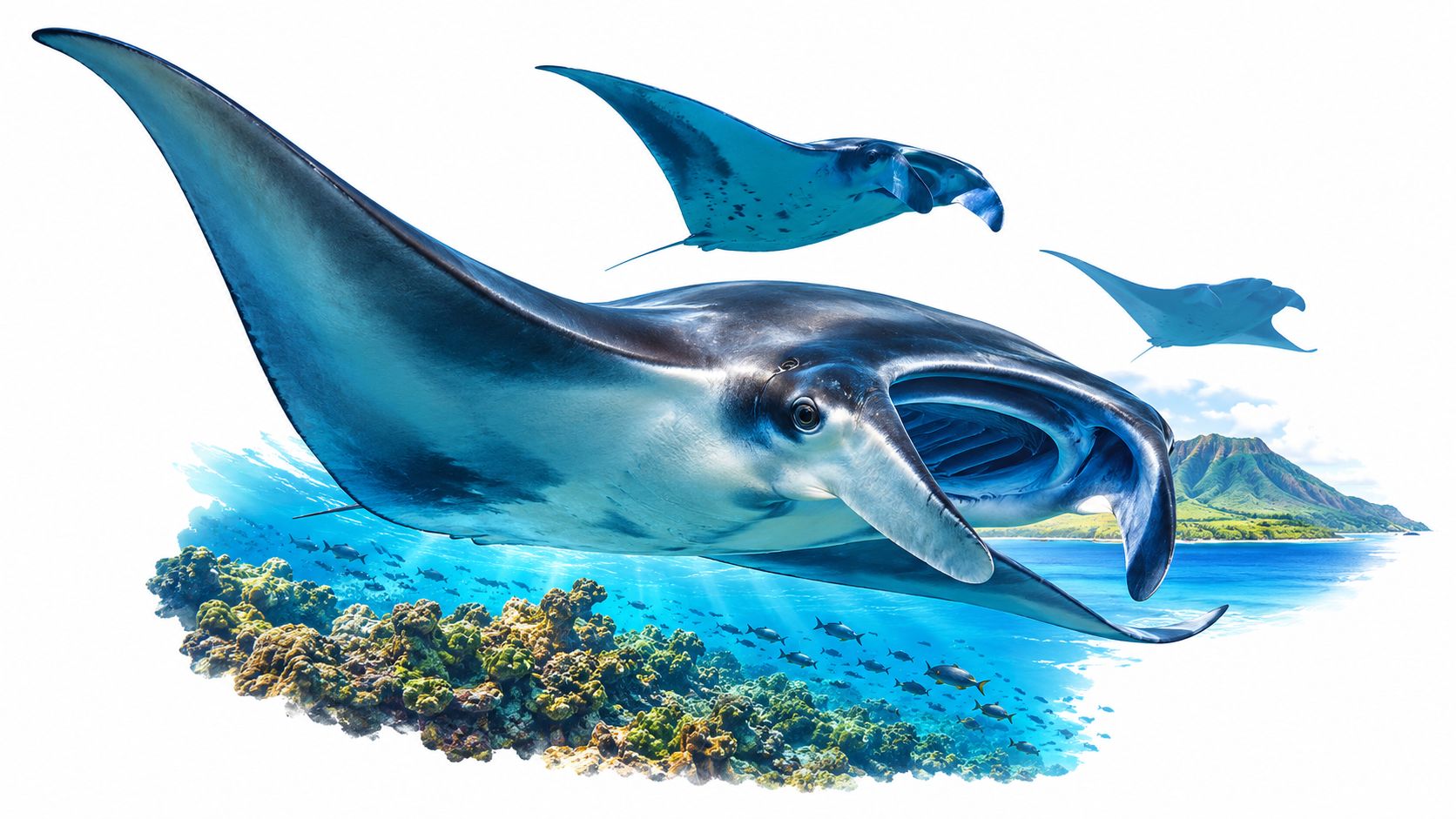 A majestic manta ray swimming over a vibrant tropical coral reef with distant mountains in the background
