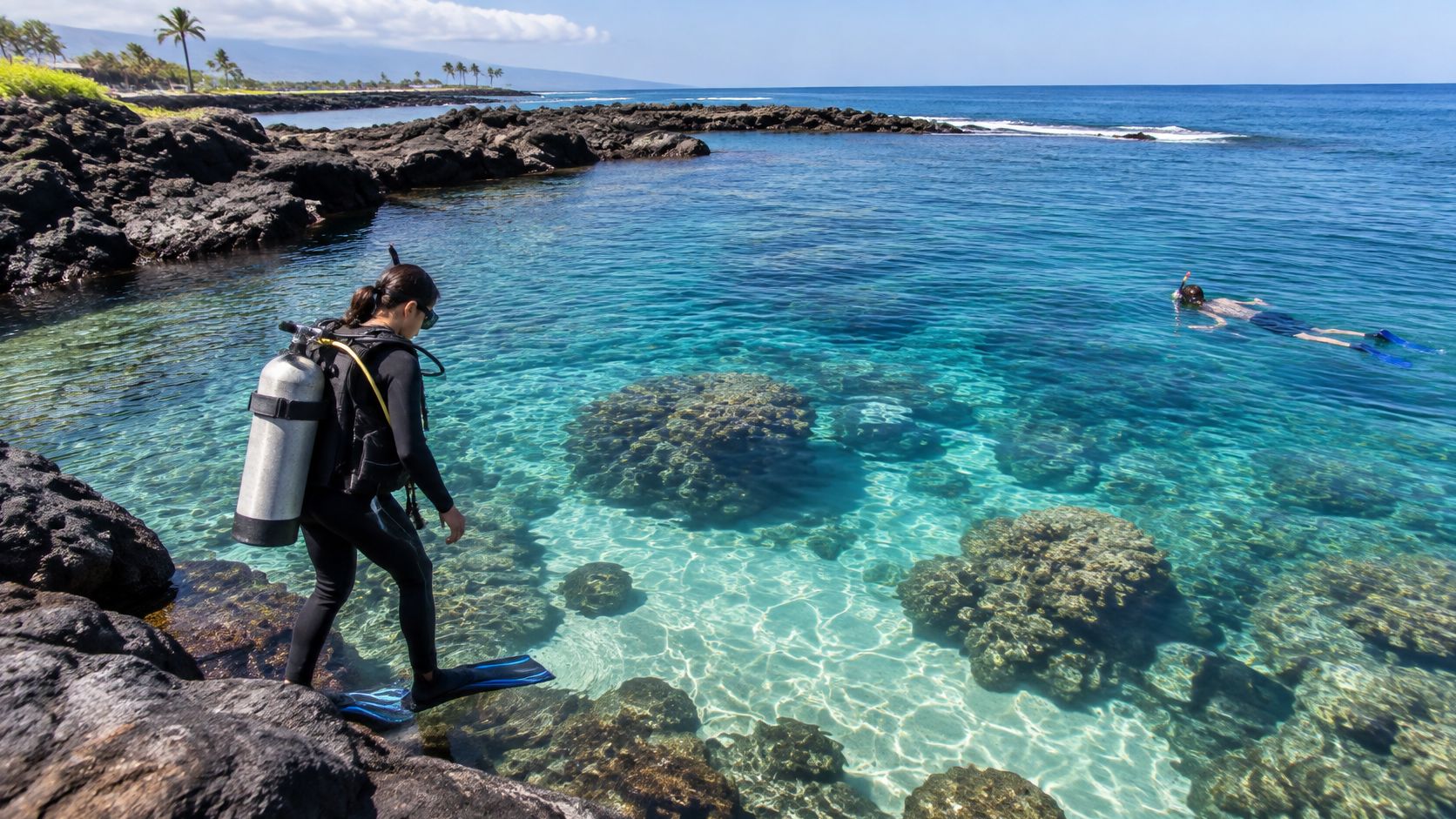 A scuba diver prepares to enter the crystal clear waters off a lava rock coastline in Hawaii.