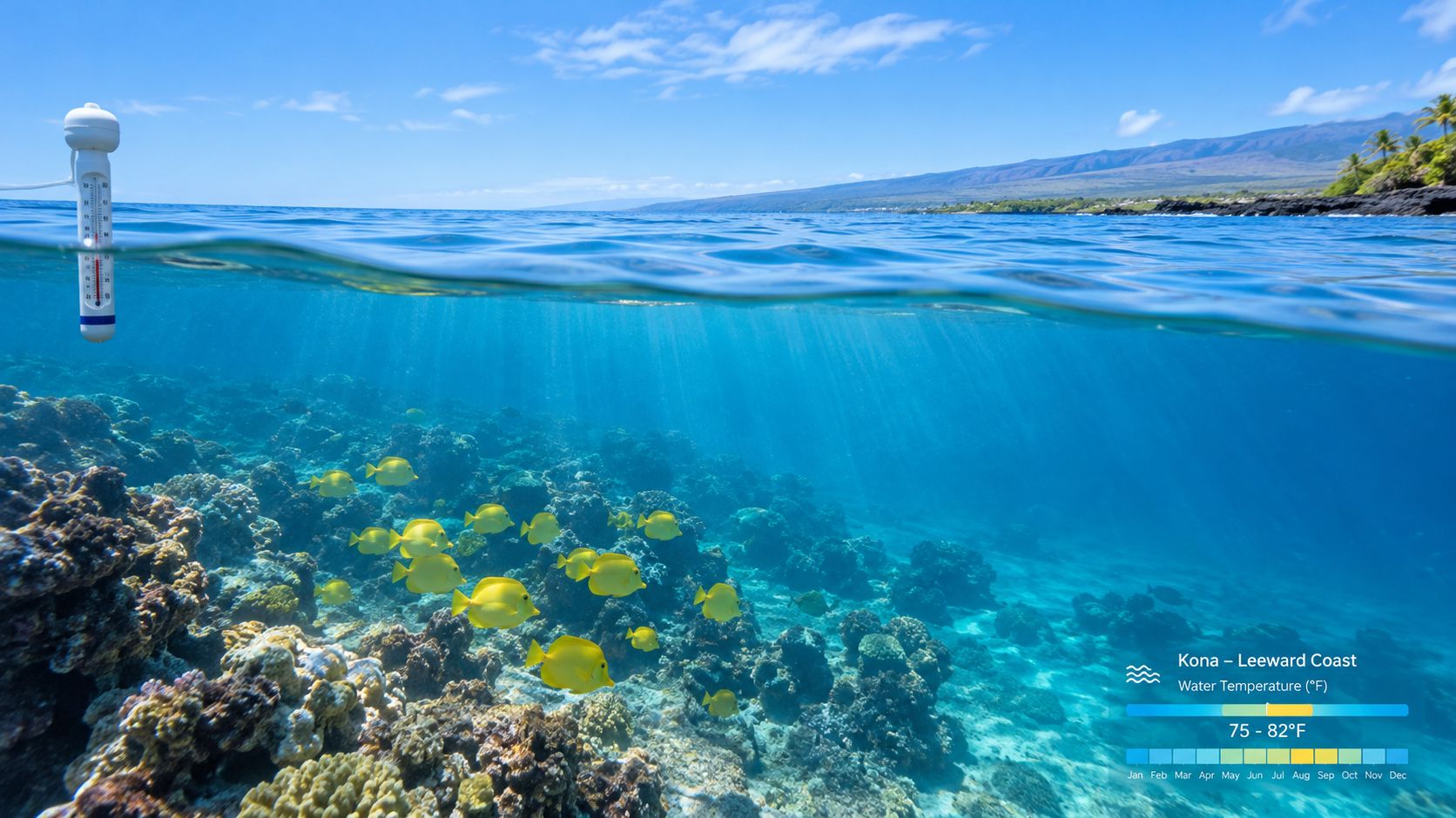 A split-level underwater view of yellow tang fish swimming over a coral reef in Kona, Hawaii.