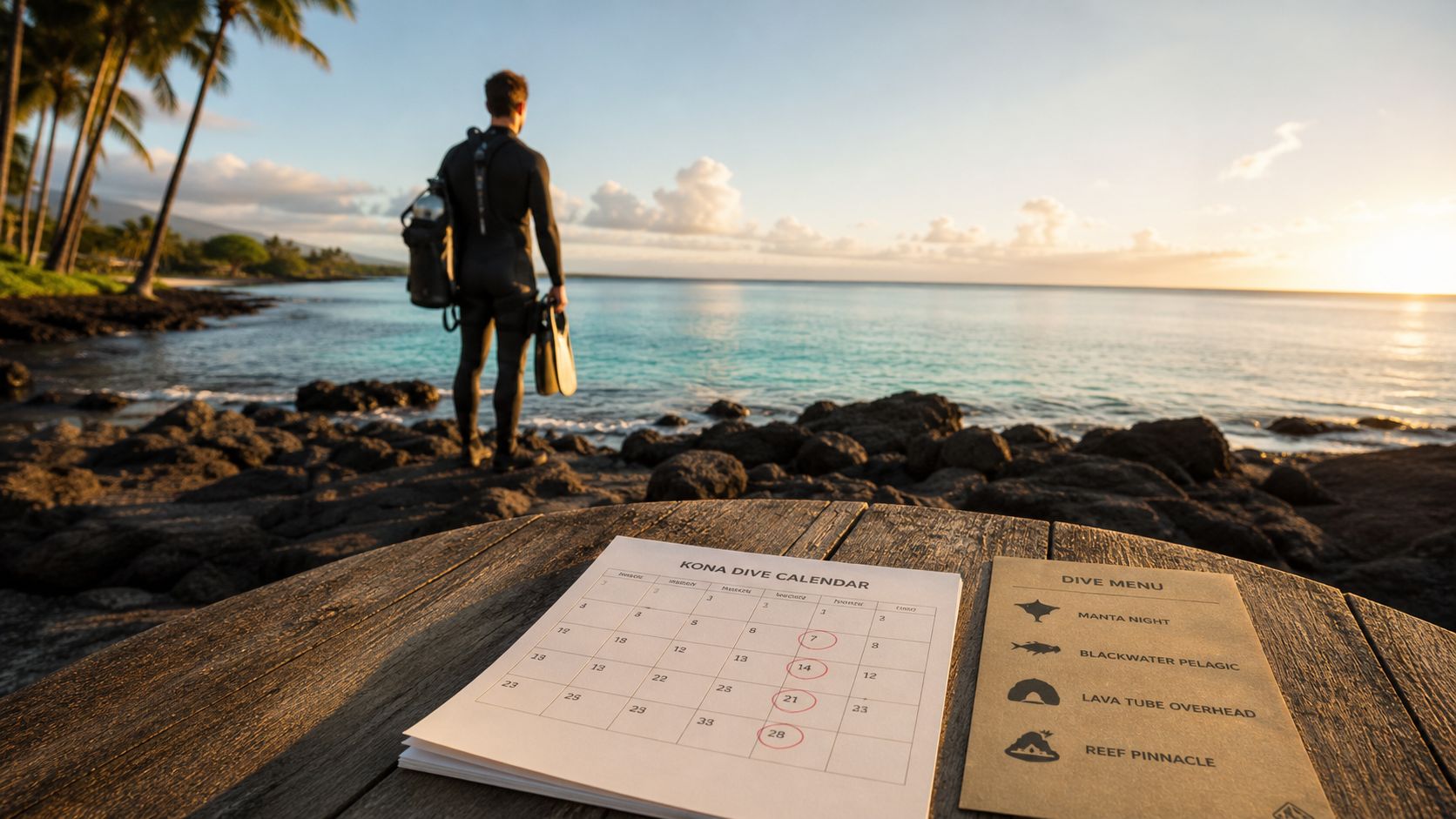 A diver stands on a rocky shore looking at the ocean next to a dive calendar.