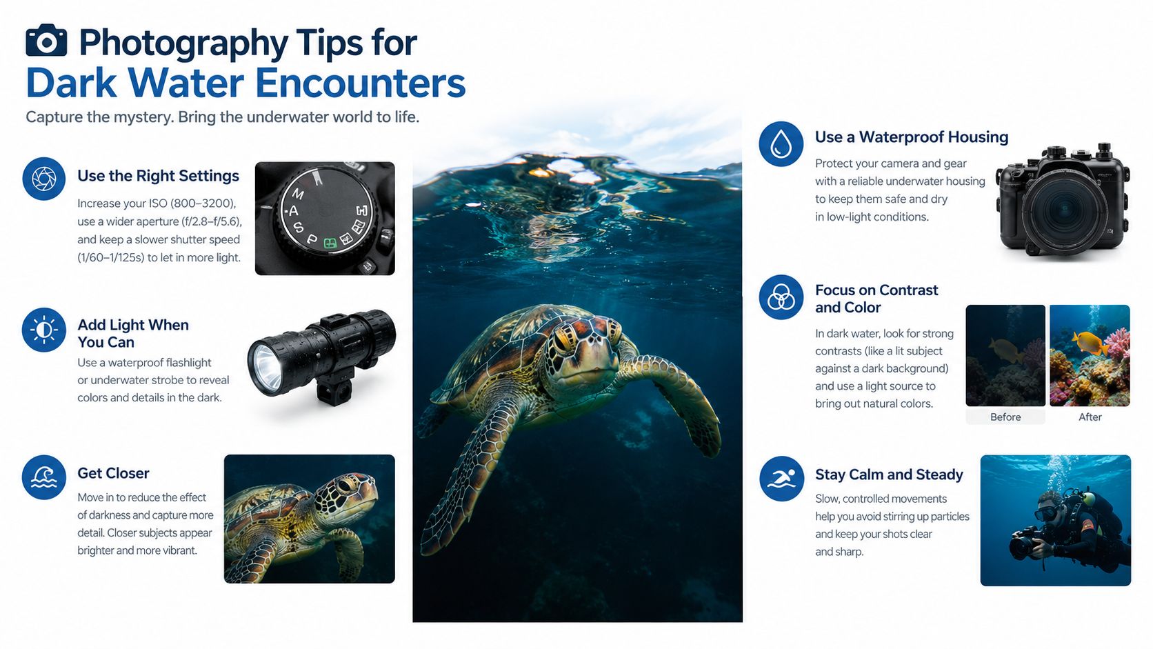 An infographic titled Photography Tips for Dark Water Encounters with visual advice for capturing underwater marine life.