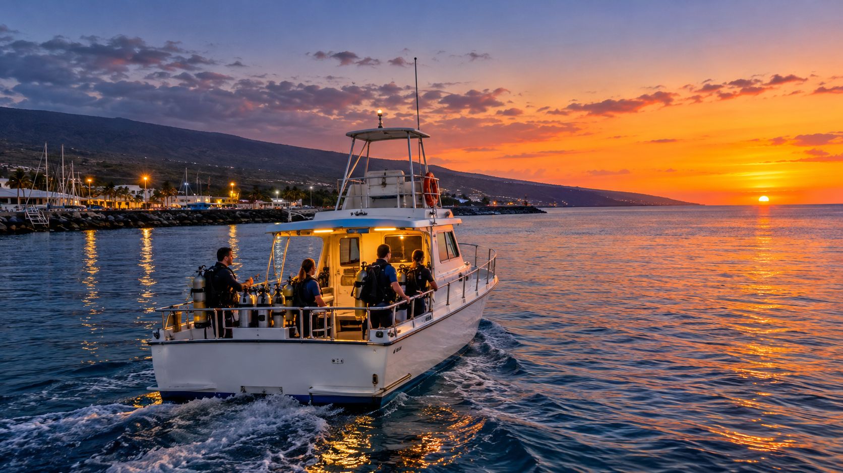 A boat carrying scuba divers into the sunset towards a night manta ray dive near Kona.