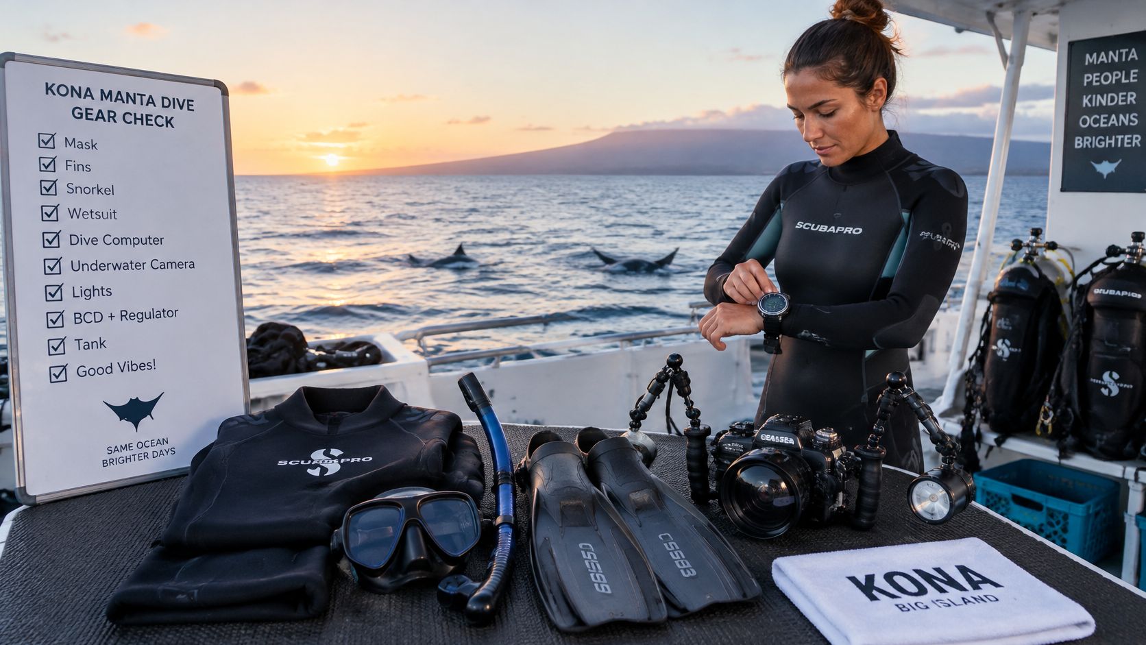 A female diver in a wetsuit checks her dive computer on a boat in Hawaii at sunset.