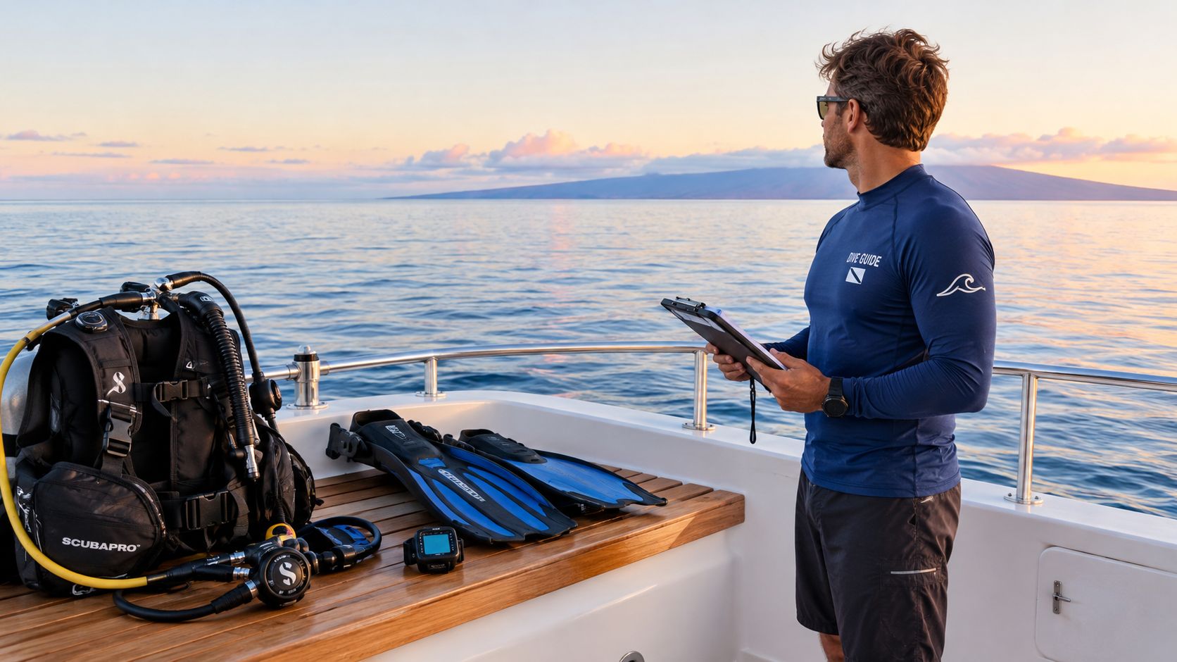 A male dive guide standing on a boat deck at sunrise, looking out over the calm ocean water.
