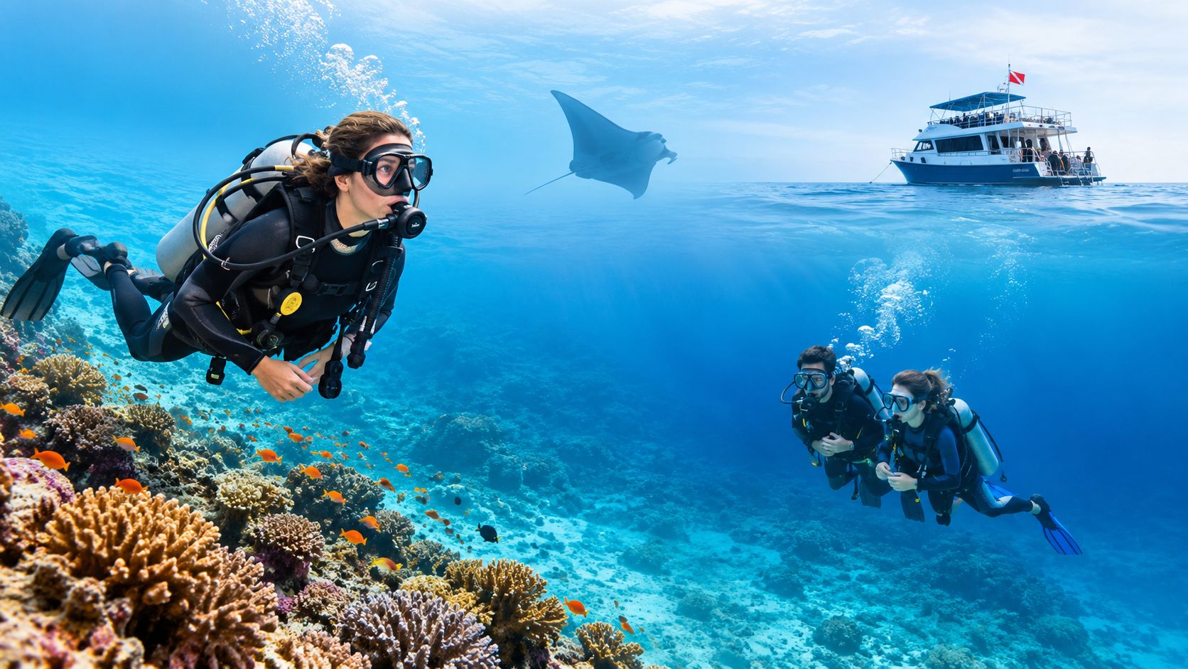 Three scuba divers exploring a colorful coral reef with a manta ray swimming near a boat