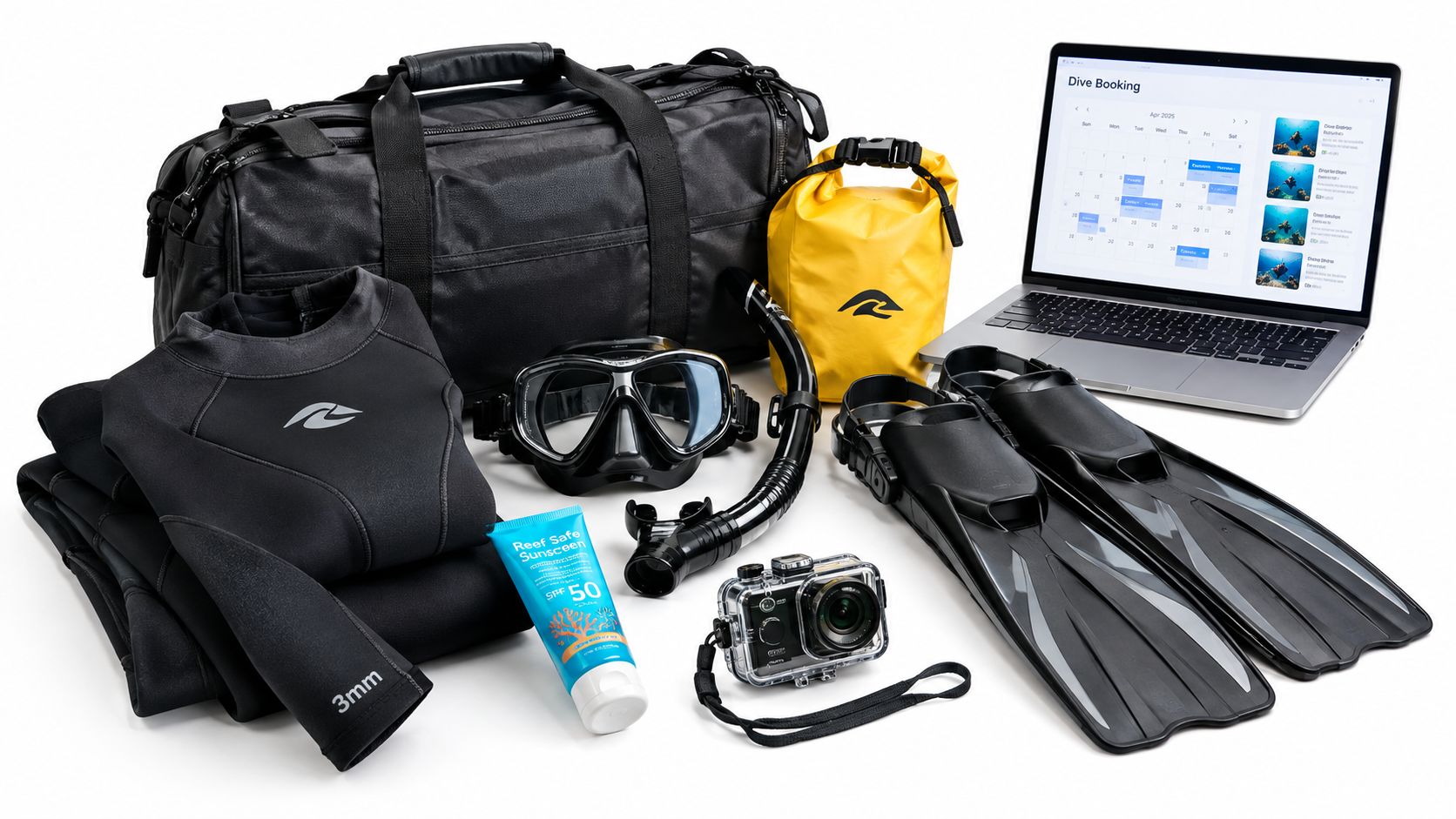 A complete set of scuba diving gear including a wetsuit, snorkel, fins, camera, and bag.