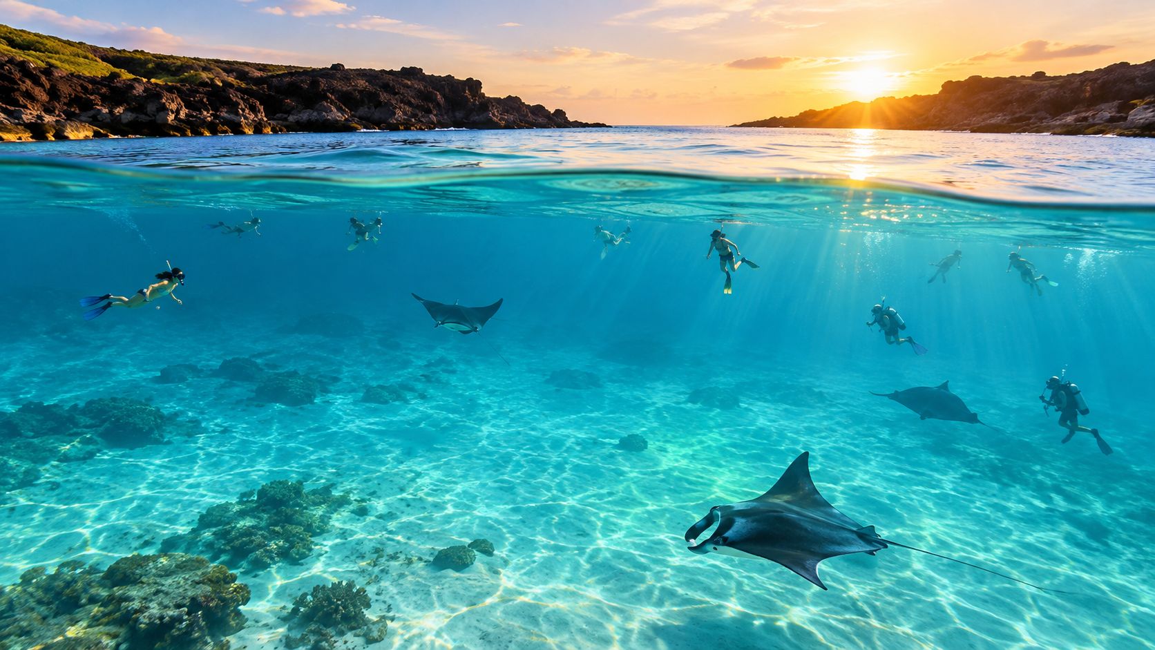 A group of snorkelers and scuba divers swimming with majestic manta rays in clear tropical Hawaiian waters.