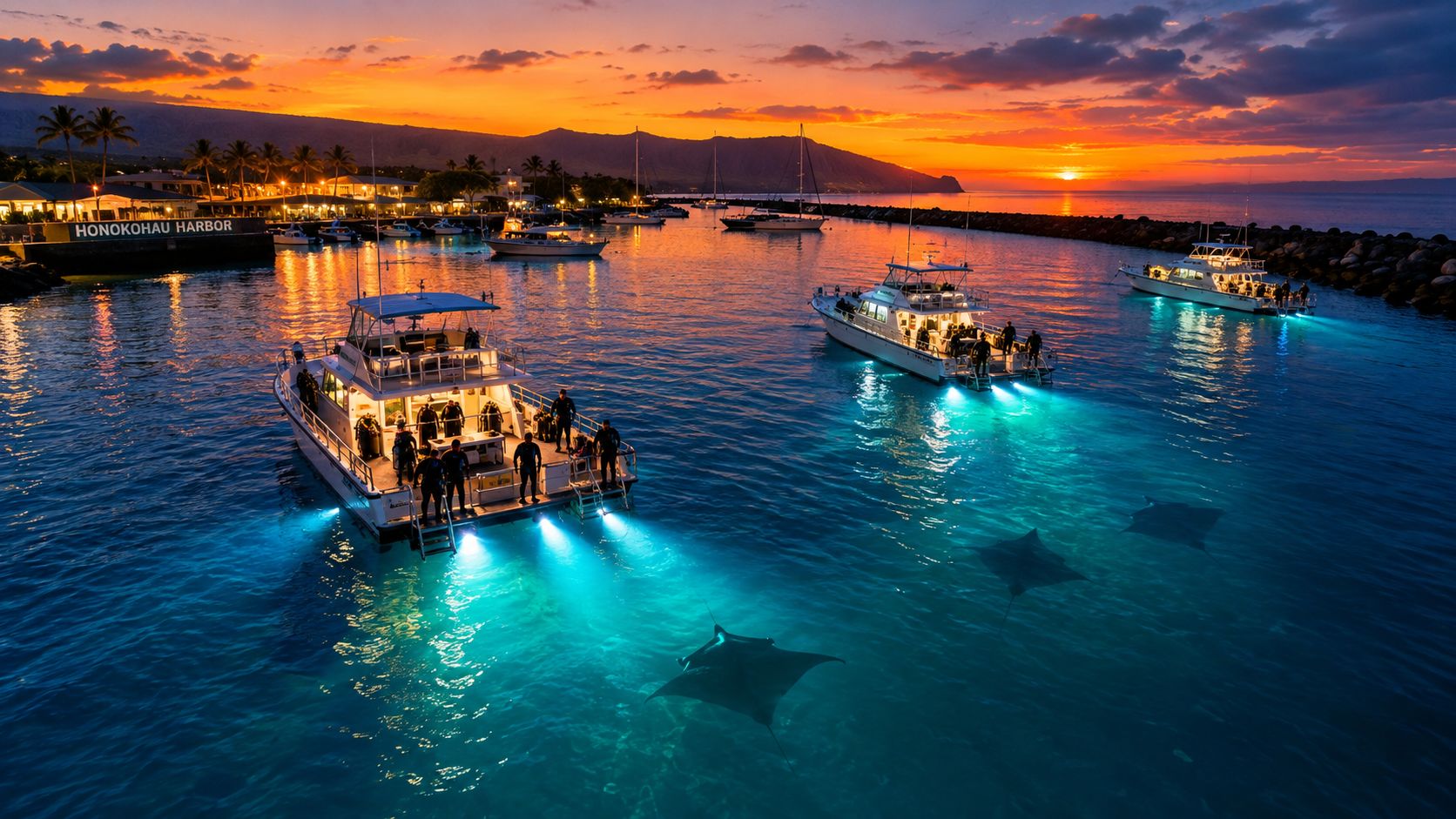 Scuba divers board a boat in Honokohau Harbor at sunset while manta rays swim in glowing waters.