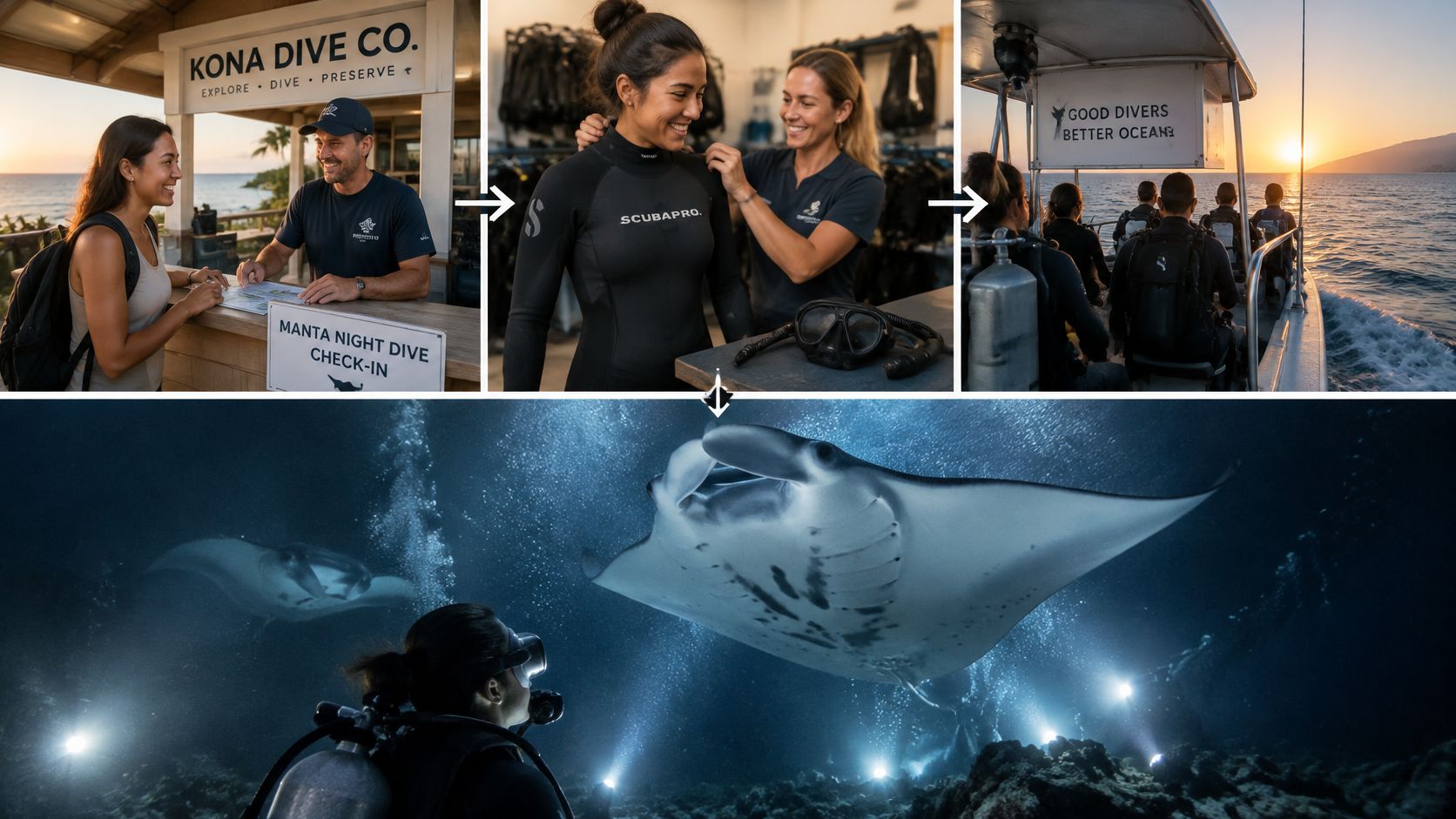 A sequence of images showing divers preparing for and experiencing a night manta ray dive in Hawaii.