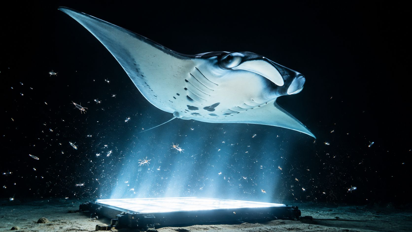 A majestic manta ray swimming above an artificial light source on the dark ocean floor in Hawaii.