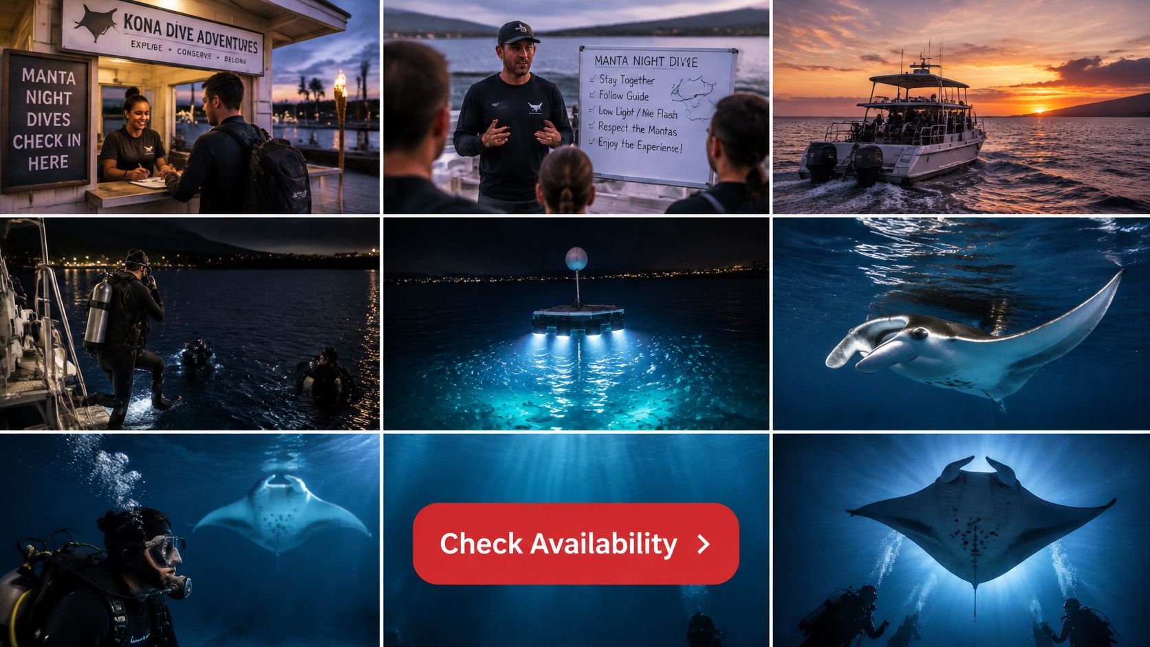 A collage showing divers preparing for a manta ray night diving tour in Kona, Hawaii at sunset.