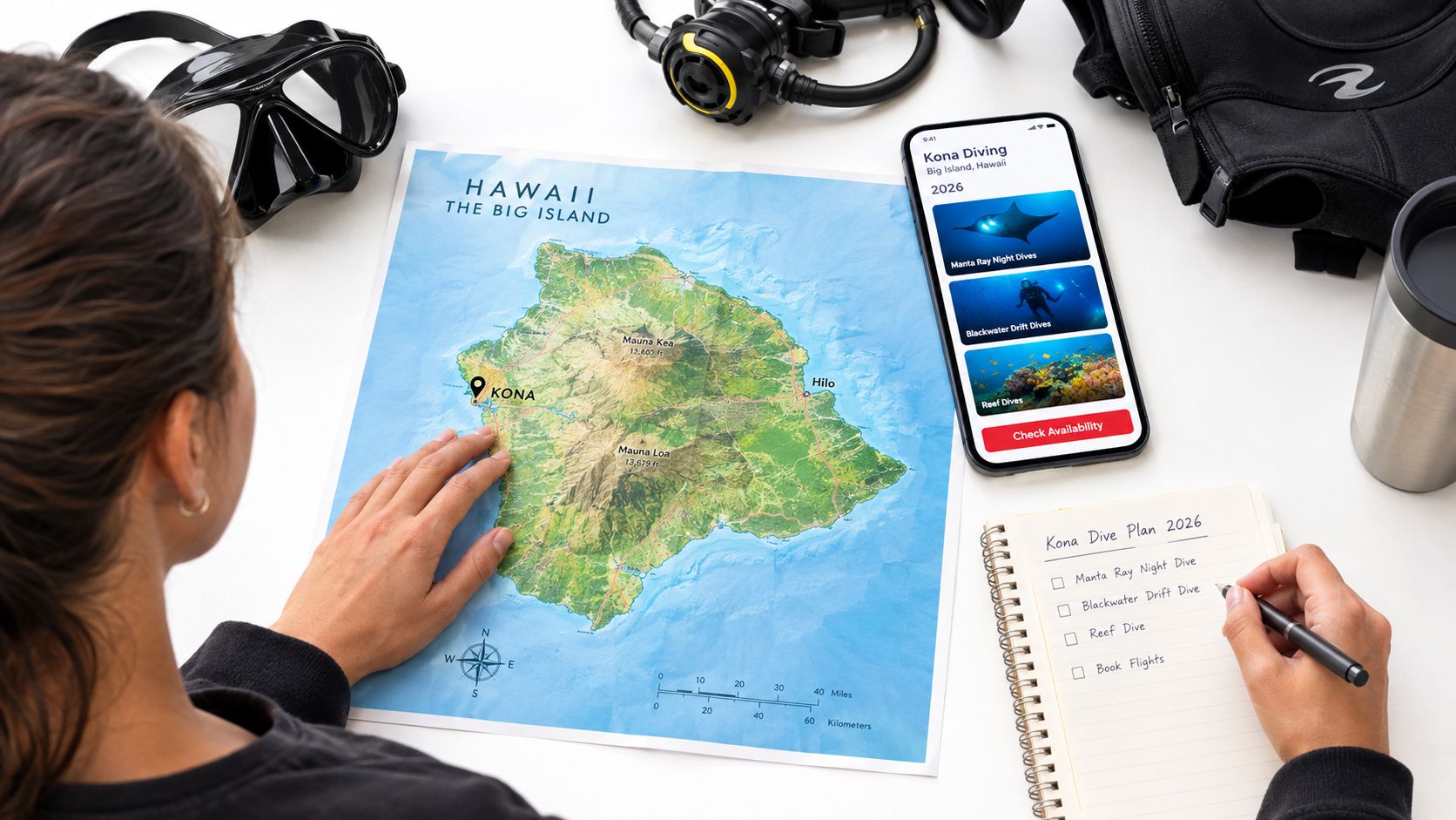 A person planning a scuba diving trip to Kona, Hawaii, using a map, phone app, and notepad.