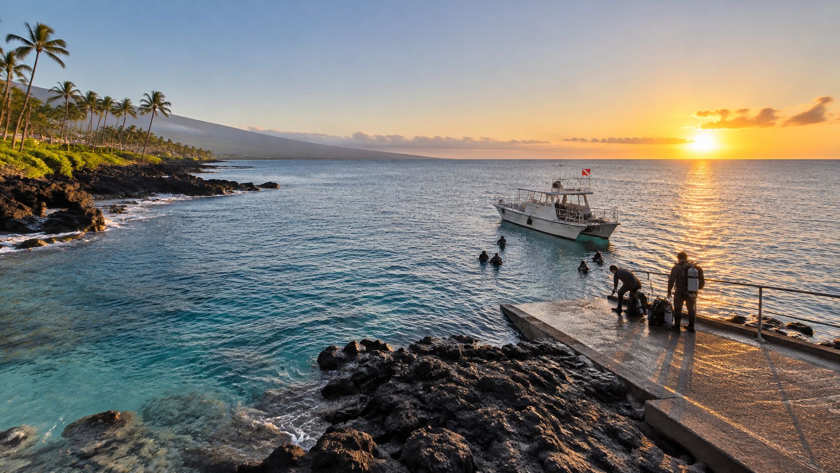 Scuba divers board a boat from a concrete pier during a beautiful golden sunset in Hawaii.
