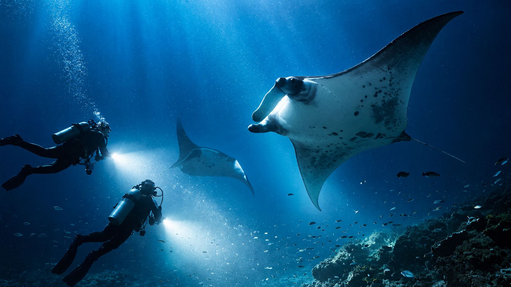 Two scuba divers using flashlights while swimming alongside majestic manta rays in the deep blue ocean.