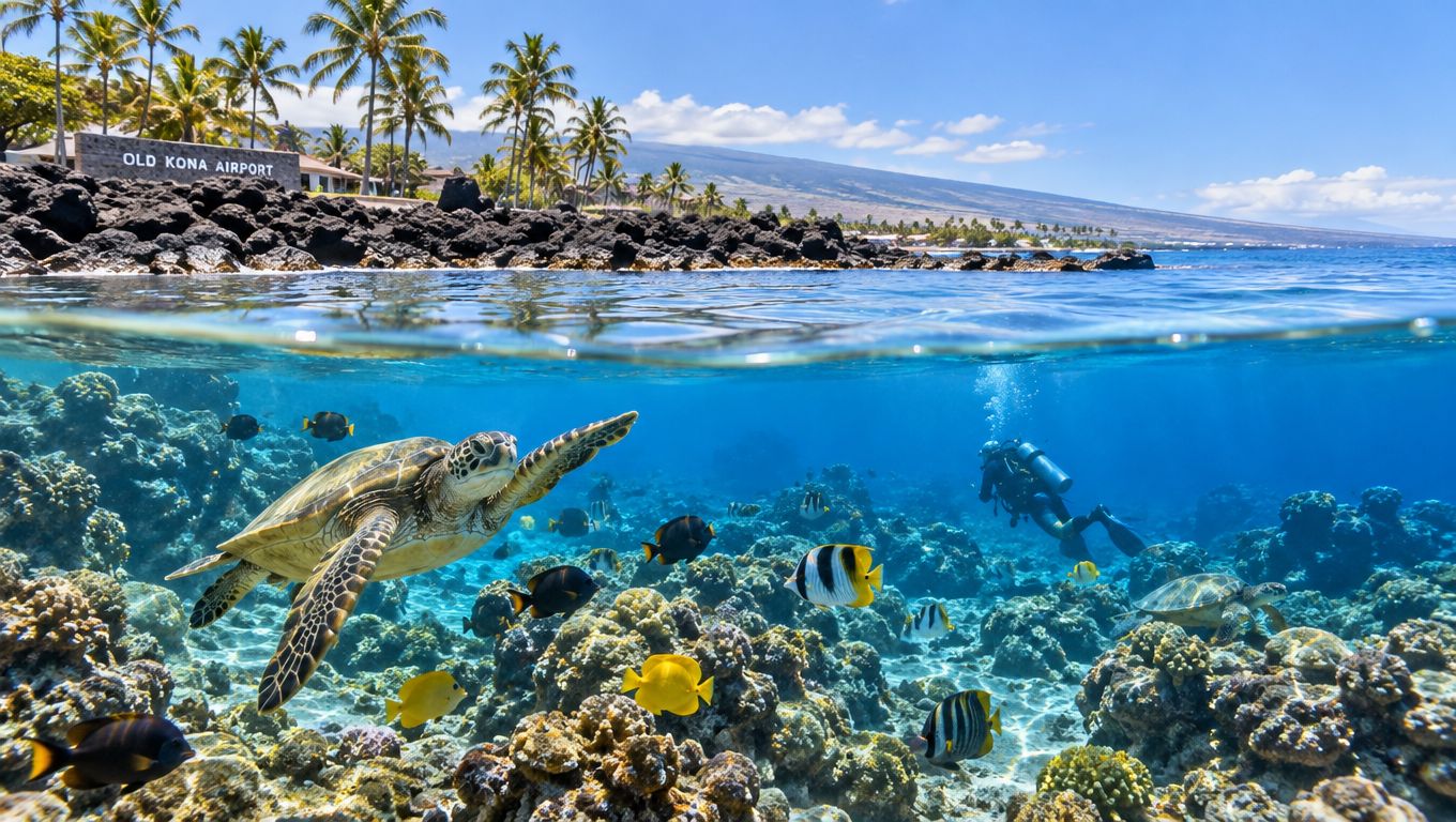 A sea turtle swims with colorful fish near a scuba diver at Old Kona Airport beach in Hawaii.
