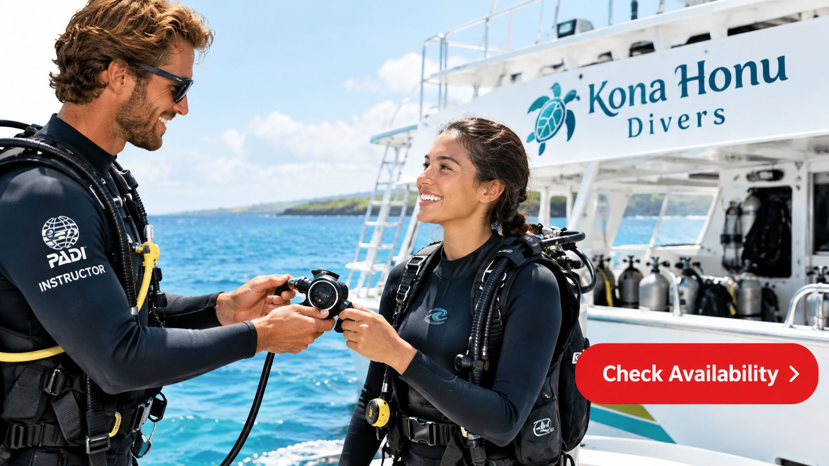 A PADI instructor smiling while helping a female diver prepare her scuba equipment on a boat.