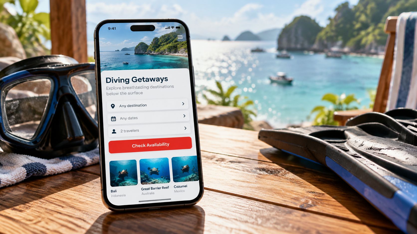 A smartphone displaying a travel app for scuba diving getaways on a wooden table by the sea.