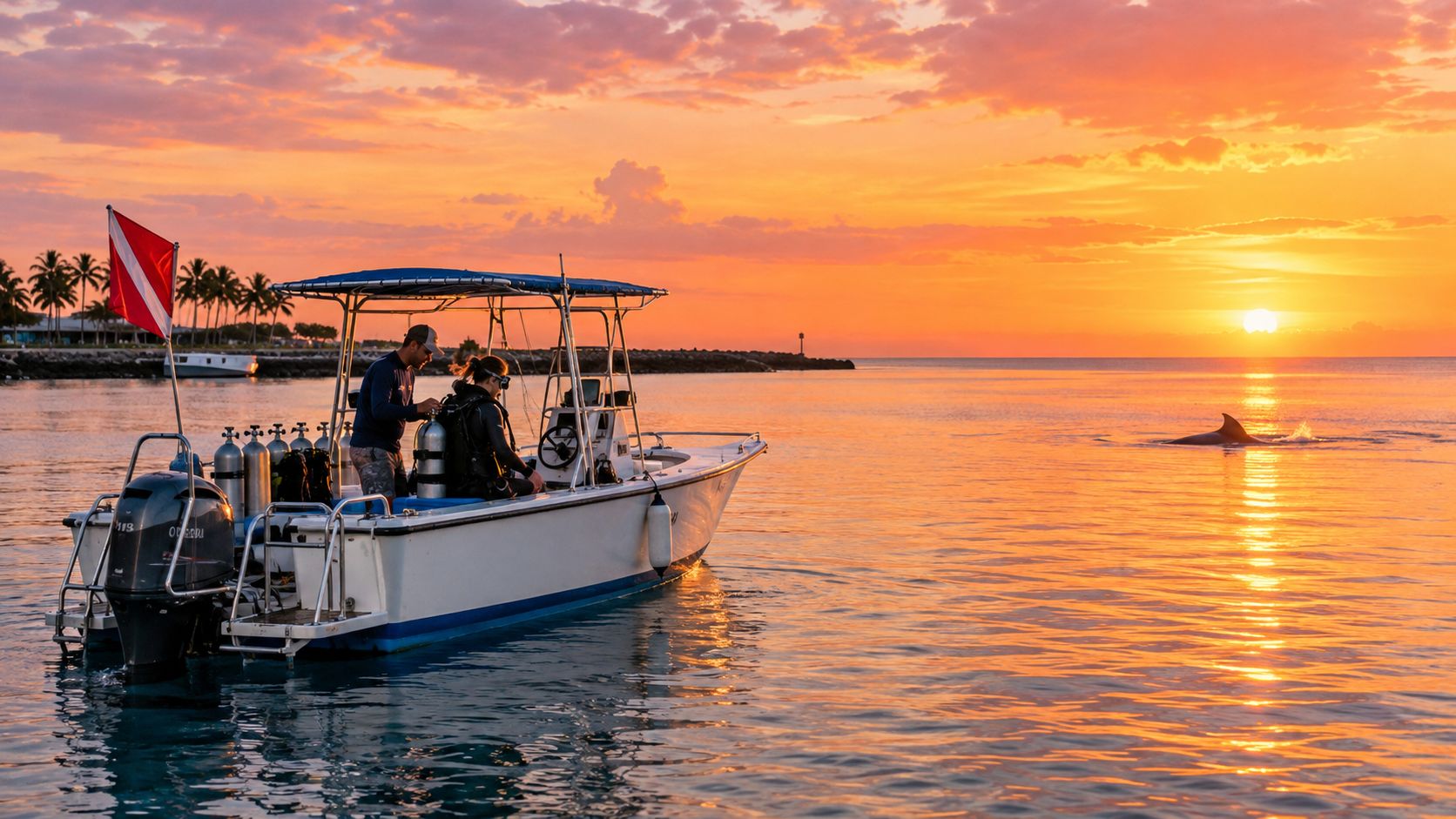 A scuba diving boat at sunset with divers preparing gear while a dolphin swims in the distance.