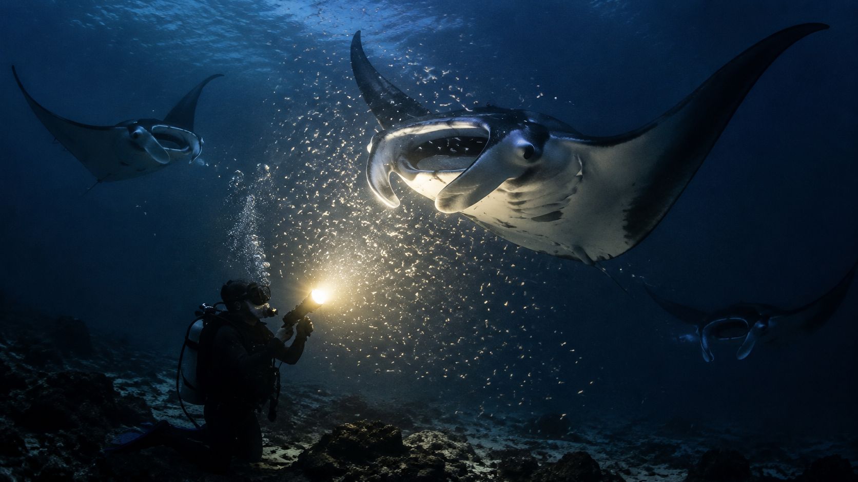 A scuba diver illuminates manta rays with a bright underwater flashlight during a night dive in Hawaii.