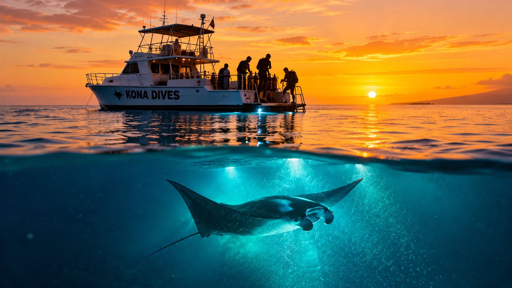 A manta ray swimming beneath a Kona Dives boat during a sunset dive excursion in Hawaii.