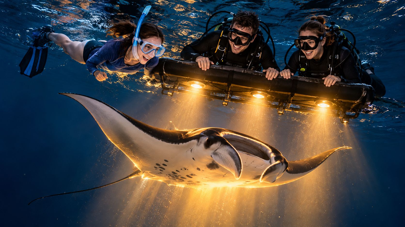 Three divers illuminated by bright lights swimming with a graceful manta ray in deep blue ocean waters.