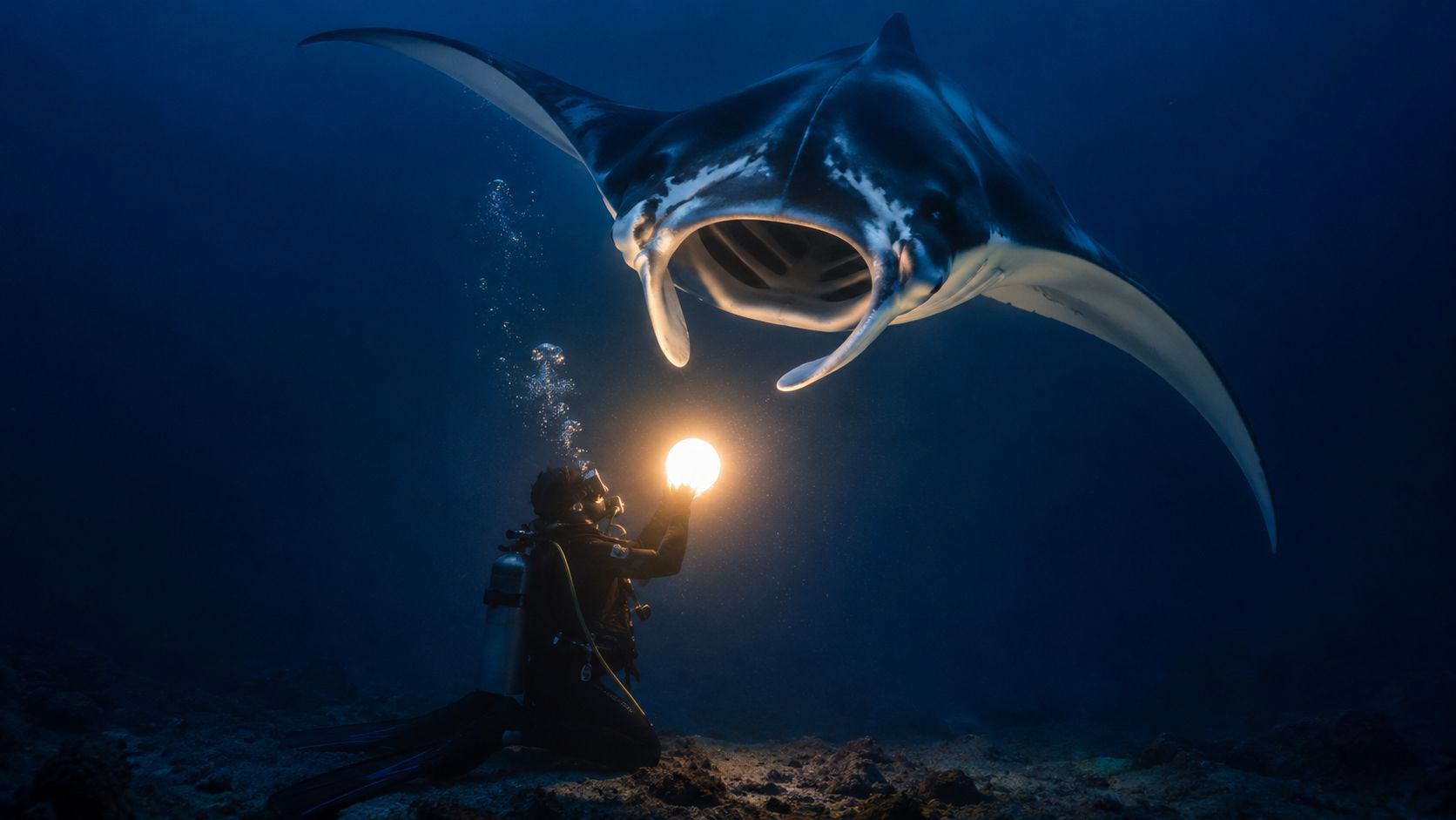 A scuba diver kneeling on the ocean floor holds a glowing orb beneath a large manta ray.