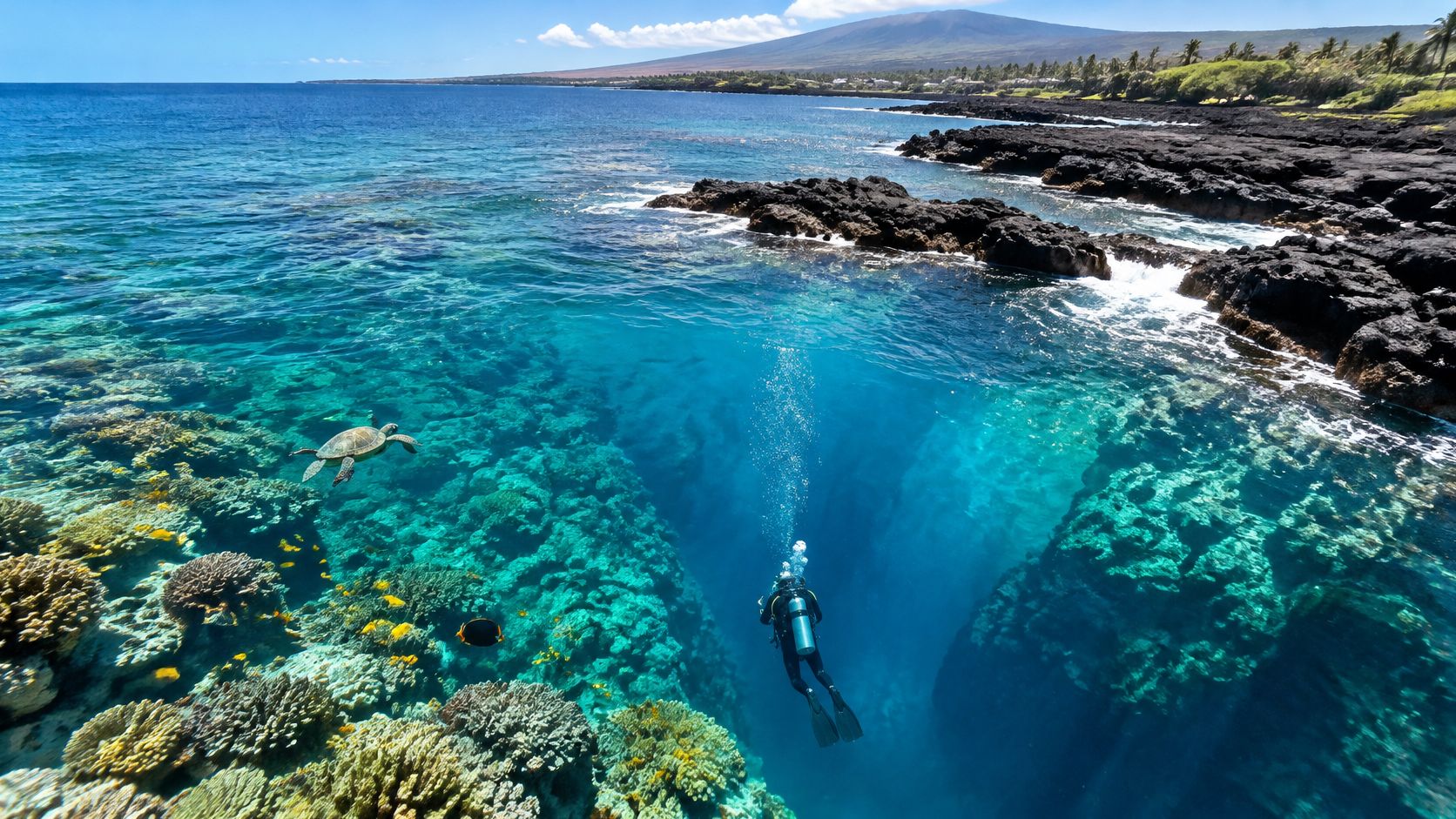 A scuba diver explores a deep underwater lava tube near a coral reef on the Big Island.