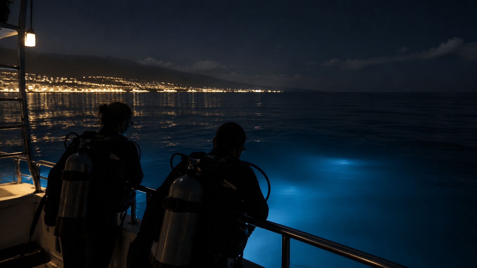 Two scuba divers looking out from a boat at the glowing blue waters off the Kona coast.