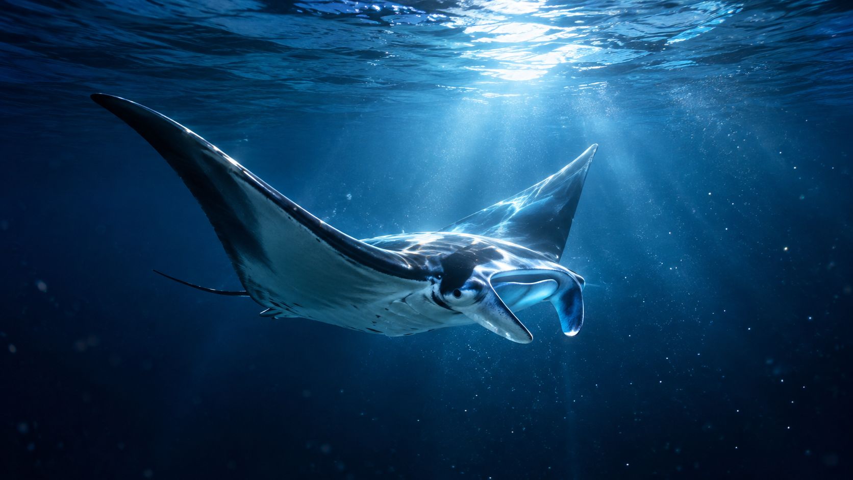 A majestic manta ray swimming gracefully through the deep blue ocean with sunlight filtering from above.