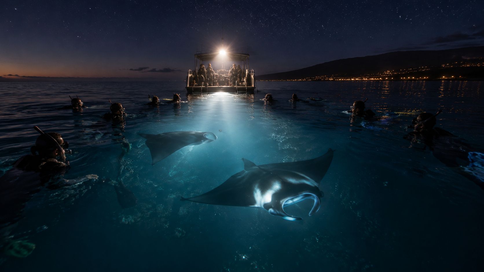 Snorkelers observing two glowing manta rays illuminated by a boat light during a night dive in Hawaii.