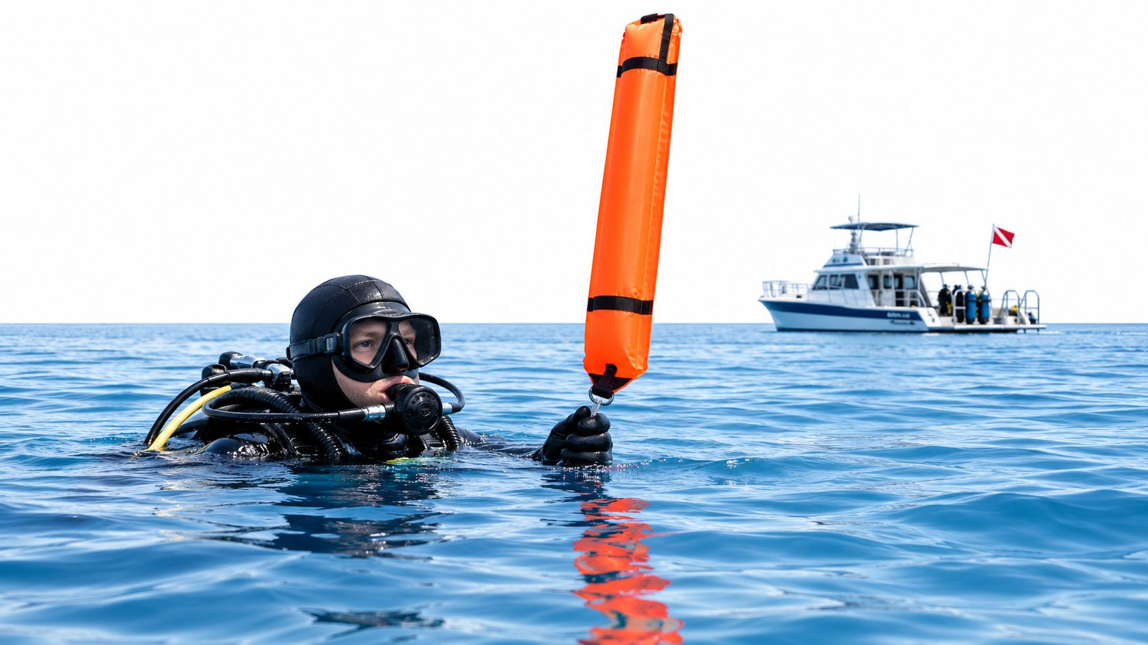 A scuba diver floating on the ocean surface while holding an orange surface marker buoy near a boat.