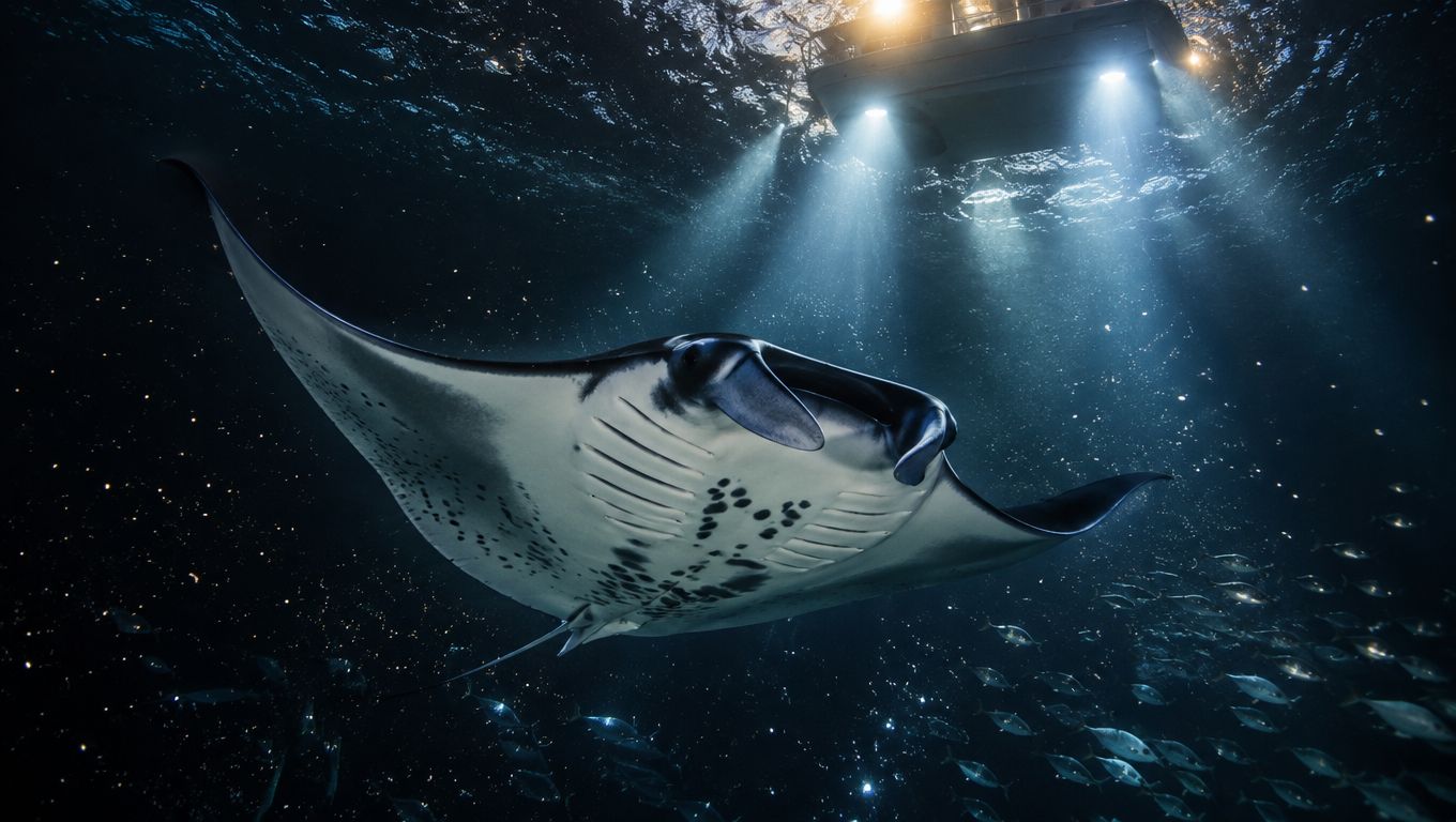 A majestic manta ray swimming gracefully beneath a boat at night, illuminated by underwater spotlights in Hawaii.