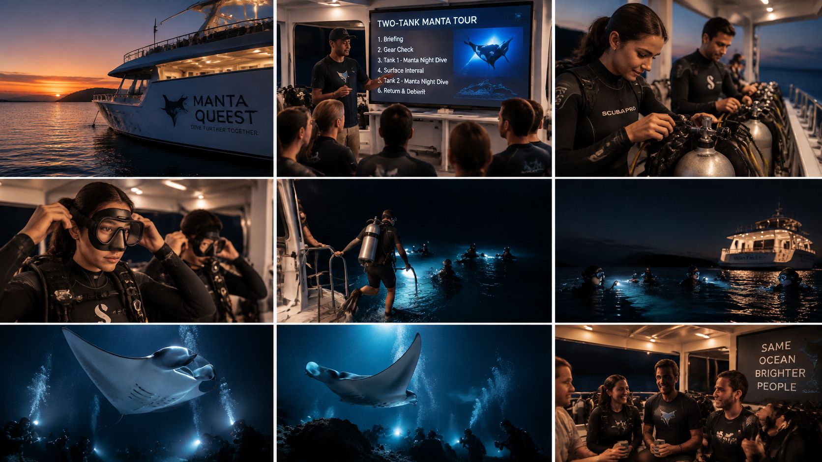 A collage showing divers preparing for a manta ray night diving tour on a boat in Hawaii.