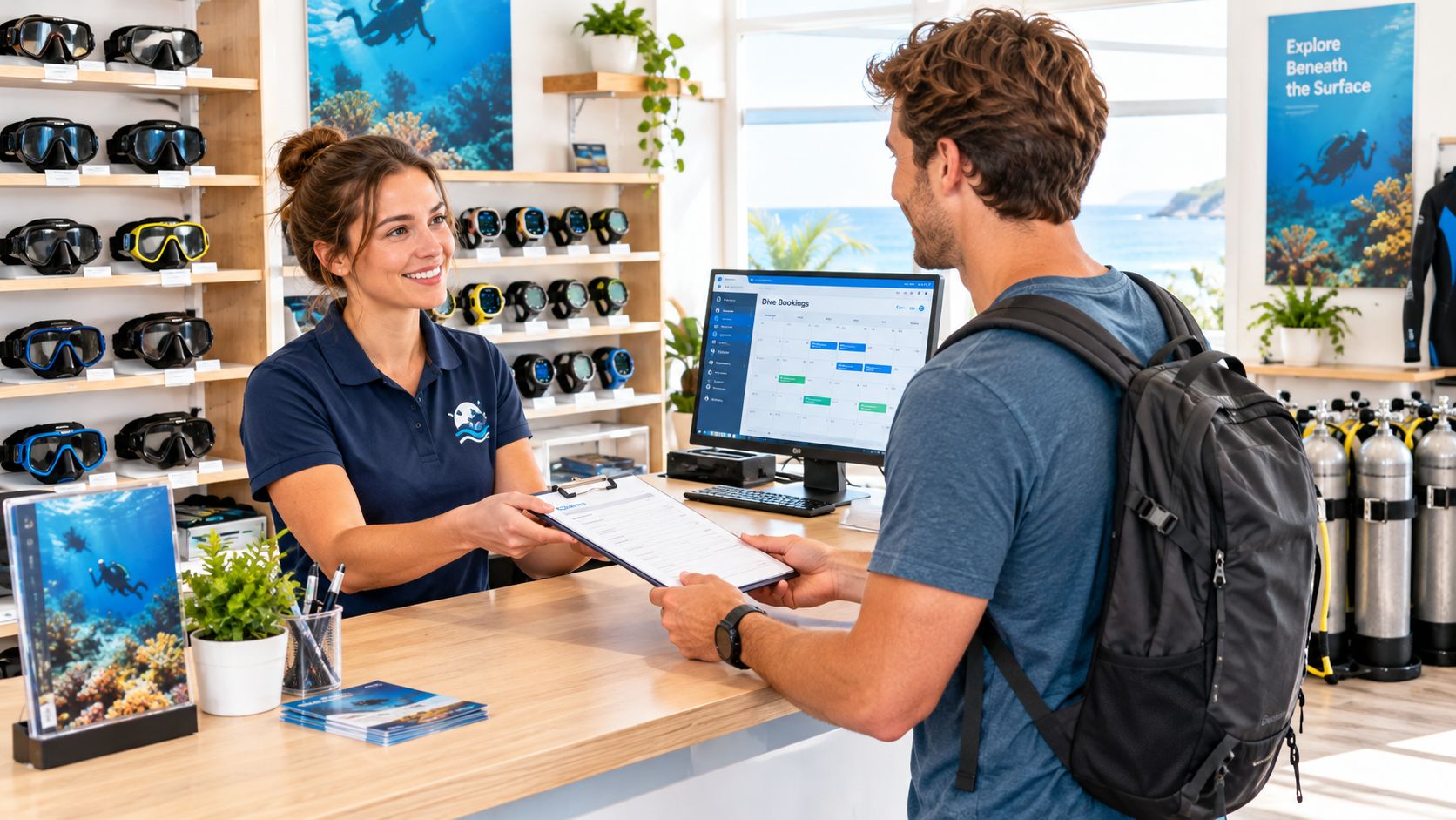A friendly female employee at a scuba diving center hands a clipboard to a male customer.