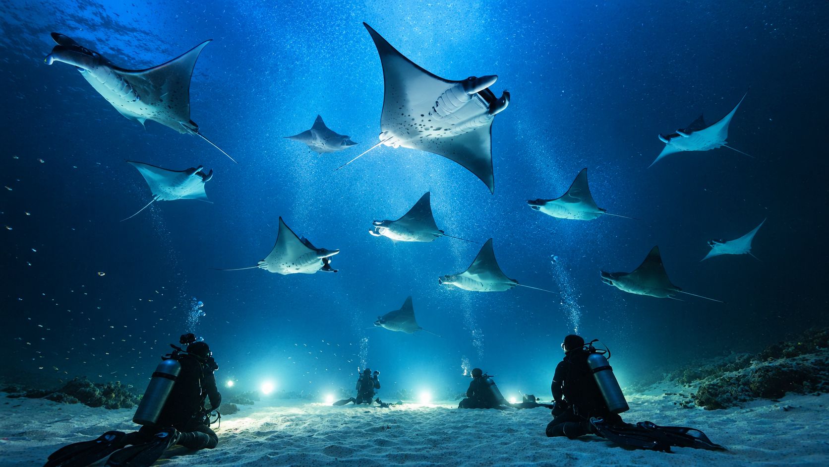 Scuba divers watch a group of majestic manta rays swimming through the deep blue ocean waters.