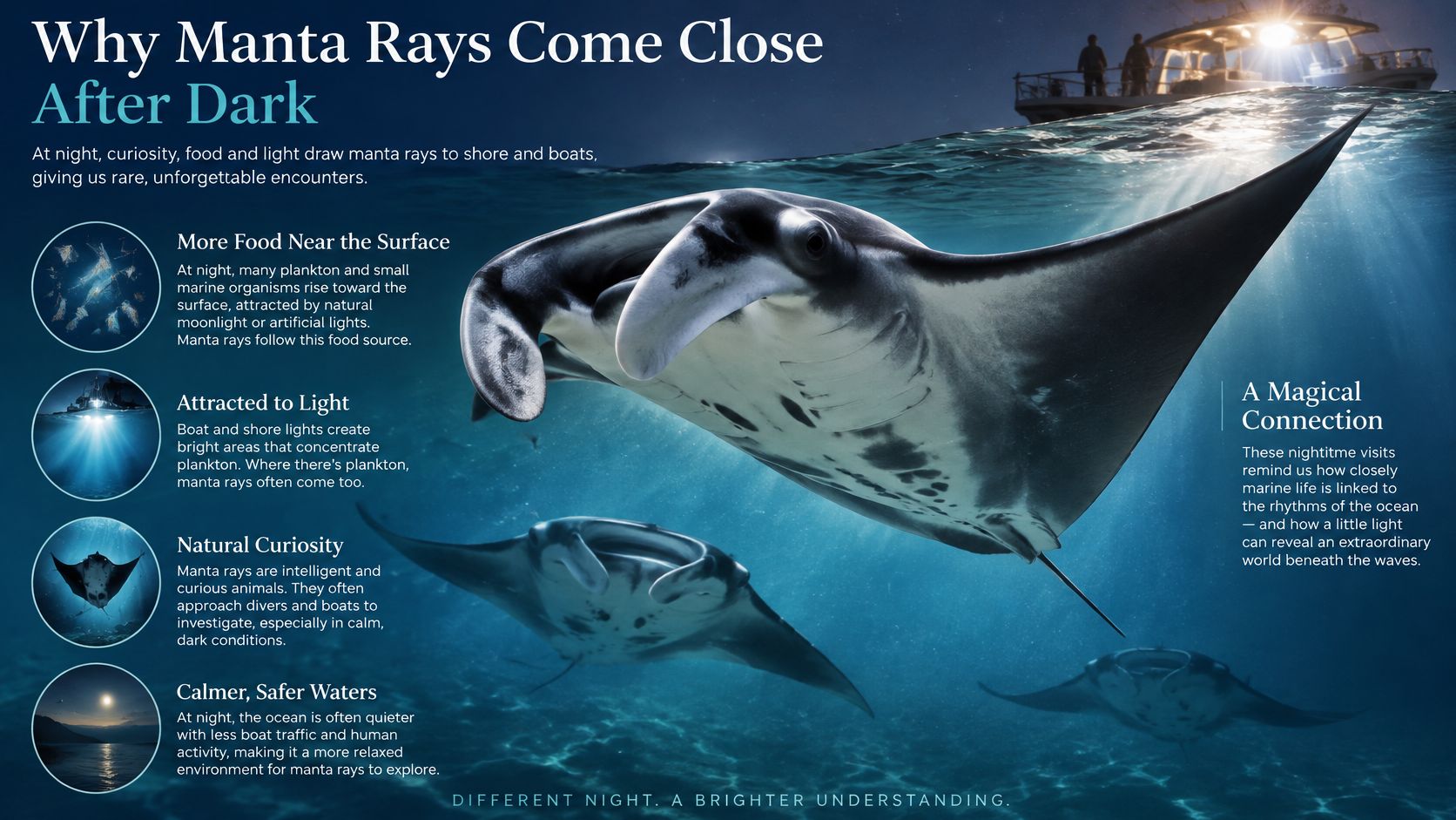 An infographic showing manta rays swimming near boats and shorelines at night, highlighting reasons for their behavior.