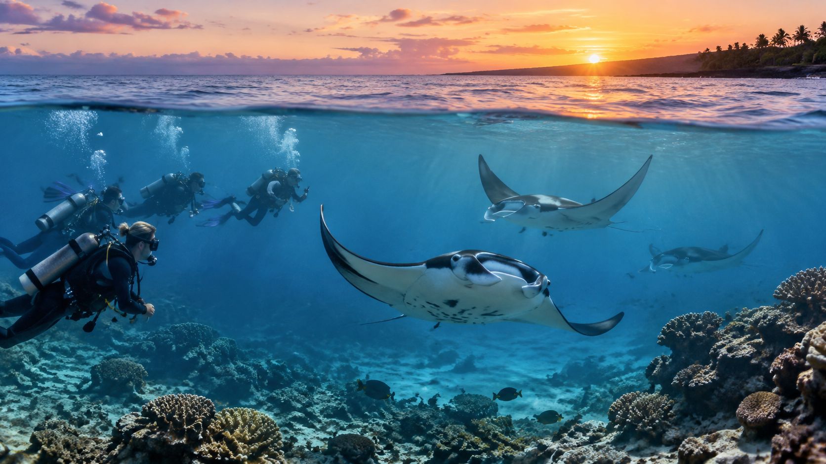 Scuba divers swimming underwater with majestic manta rays near a vibrant coral reef at sunset.