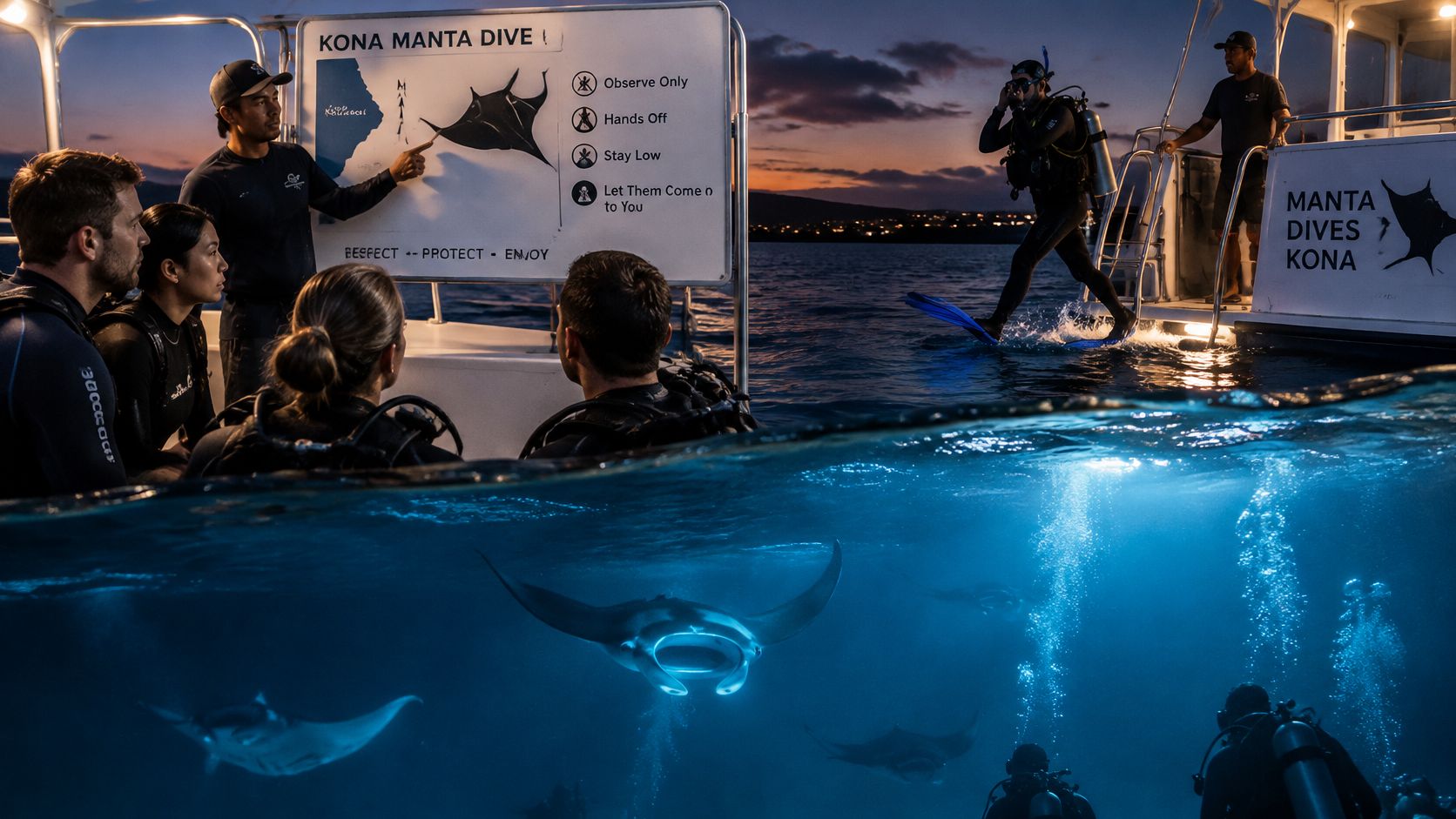 A scuba diving instructor briefs a group of divers on a boat before a night manta ray dive.