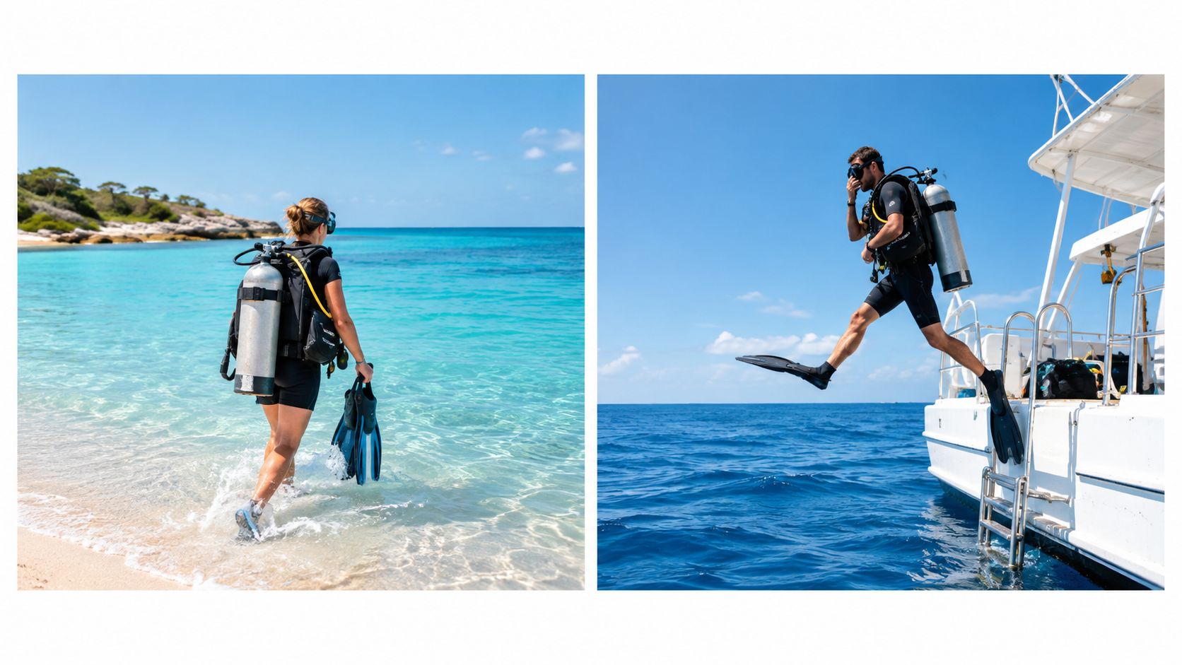 A female scuba diver walks into shallow ocean water and a man jumps from a boat.