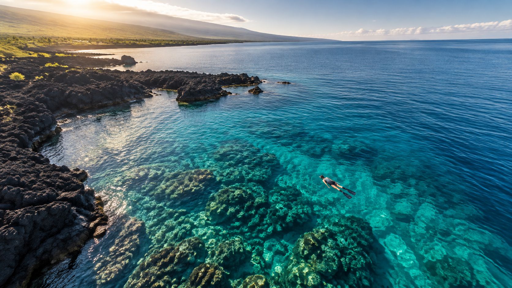 A snorkeler swims over a vibrant coral reef in the crystal clear turquoise waters of Kona, Hawaii.