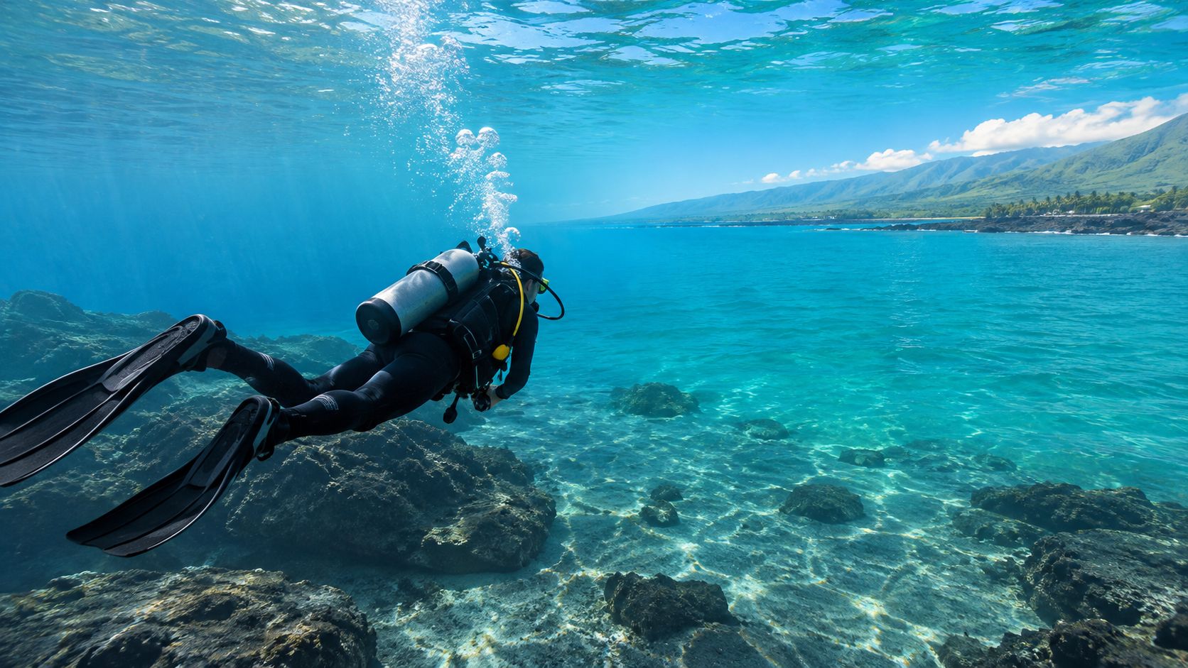 A scuba diver explores the clear blue underwater reef along the scenic coastline of Kona, Hawaii.