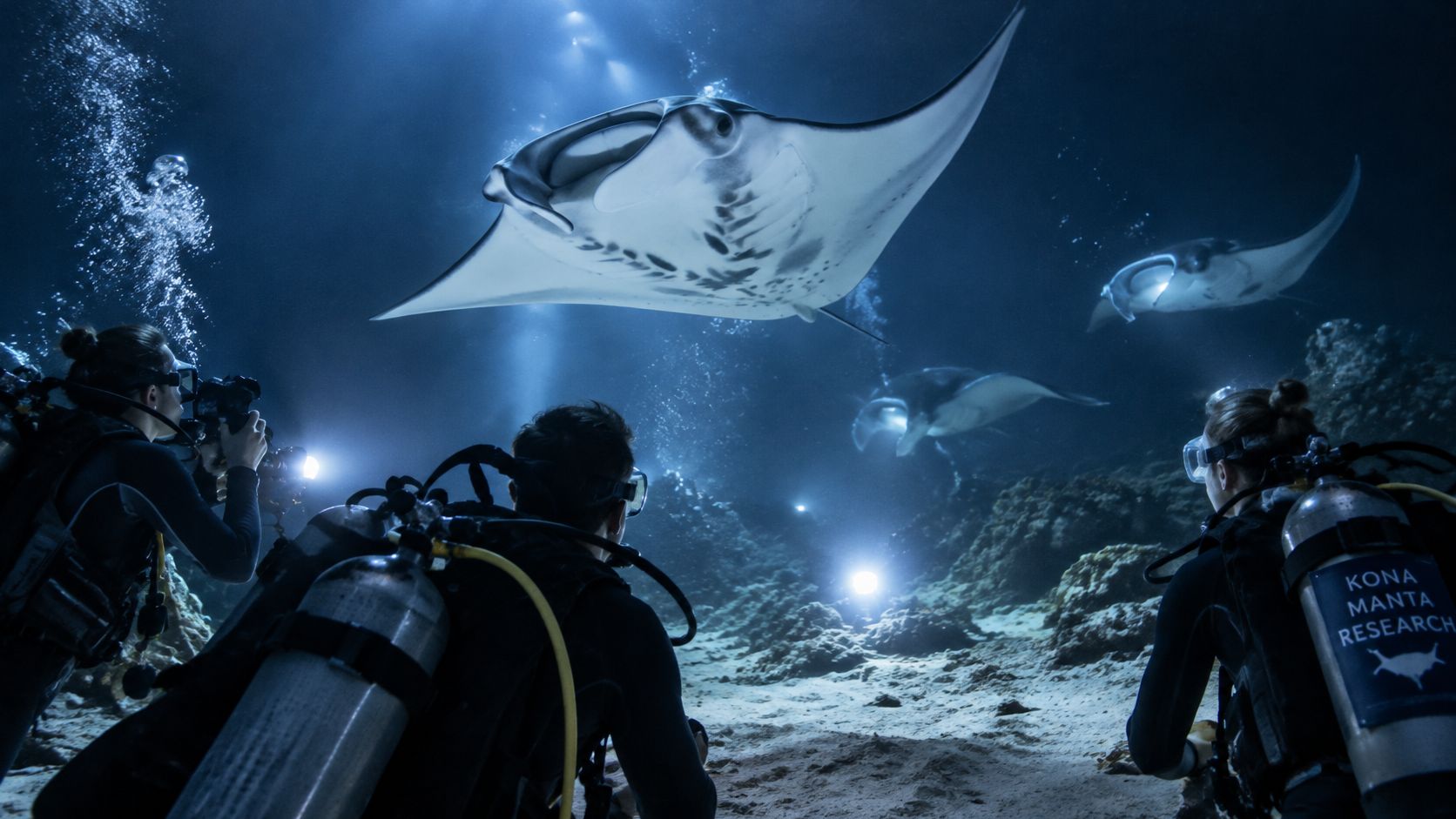 Scuba divers observing majestic manta rays underwater during a night diving excursion near Kona, Hawaii.