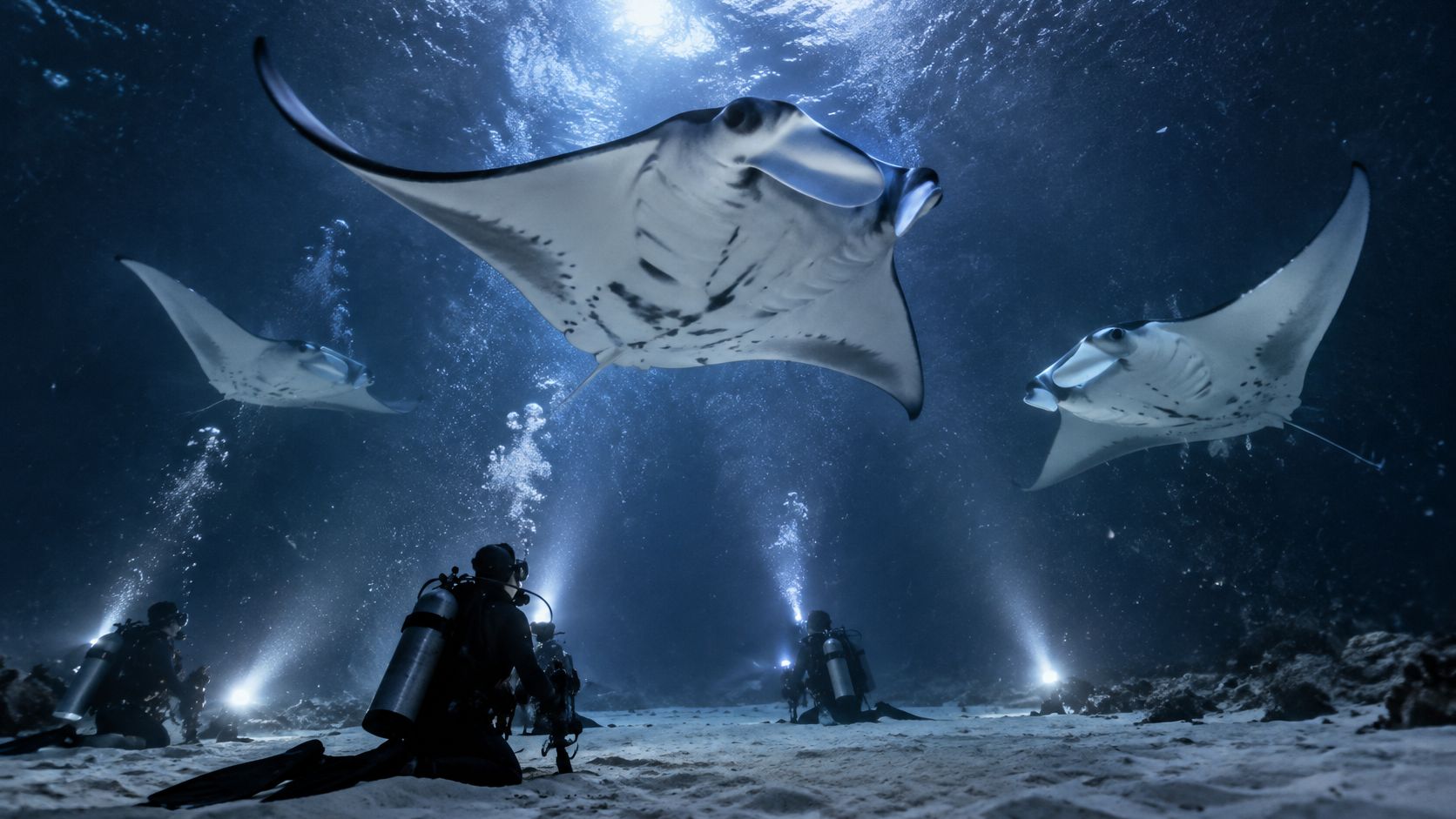 Scuba divers watch three graceful manta rays swimming underwater in the deep blue ocean at night.
